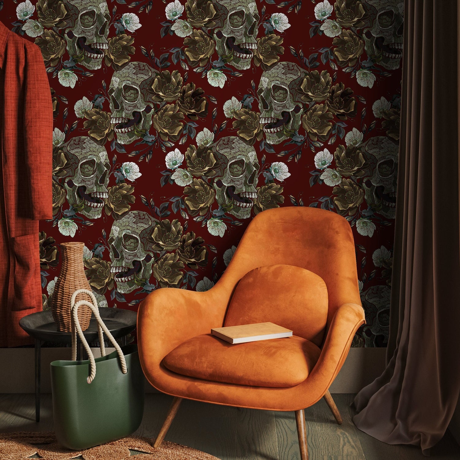 Vintage Roses Wallpaper Skulls Wallpaper Peel and Stick and Traditional Wallpaper - D909