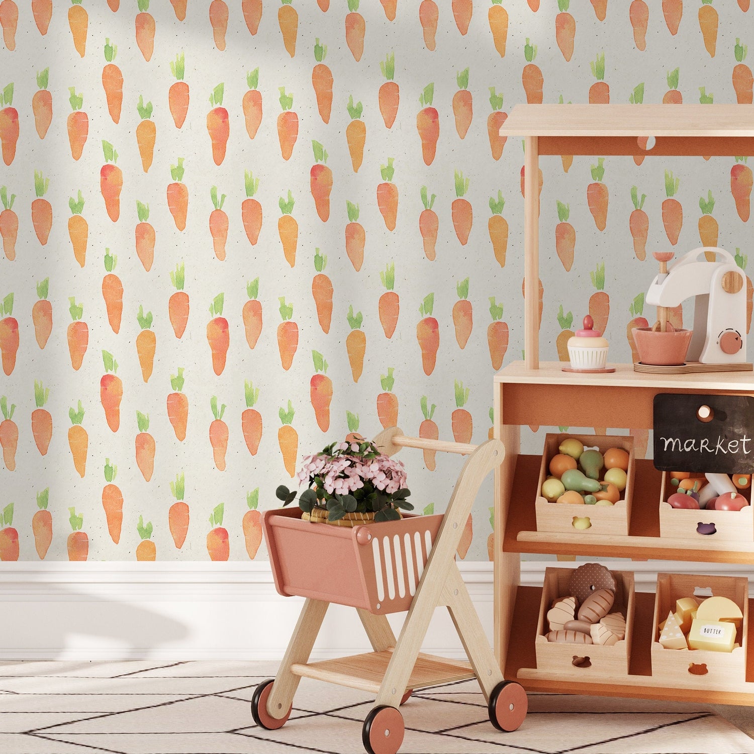 Wallpaper Peel and Stick Wallpaper Removable Wallpaper Home Decor Wall Decor Room Decor / Cute Carrot Wallpaper, Baby Wallpaper - A312