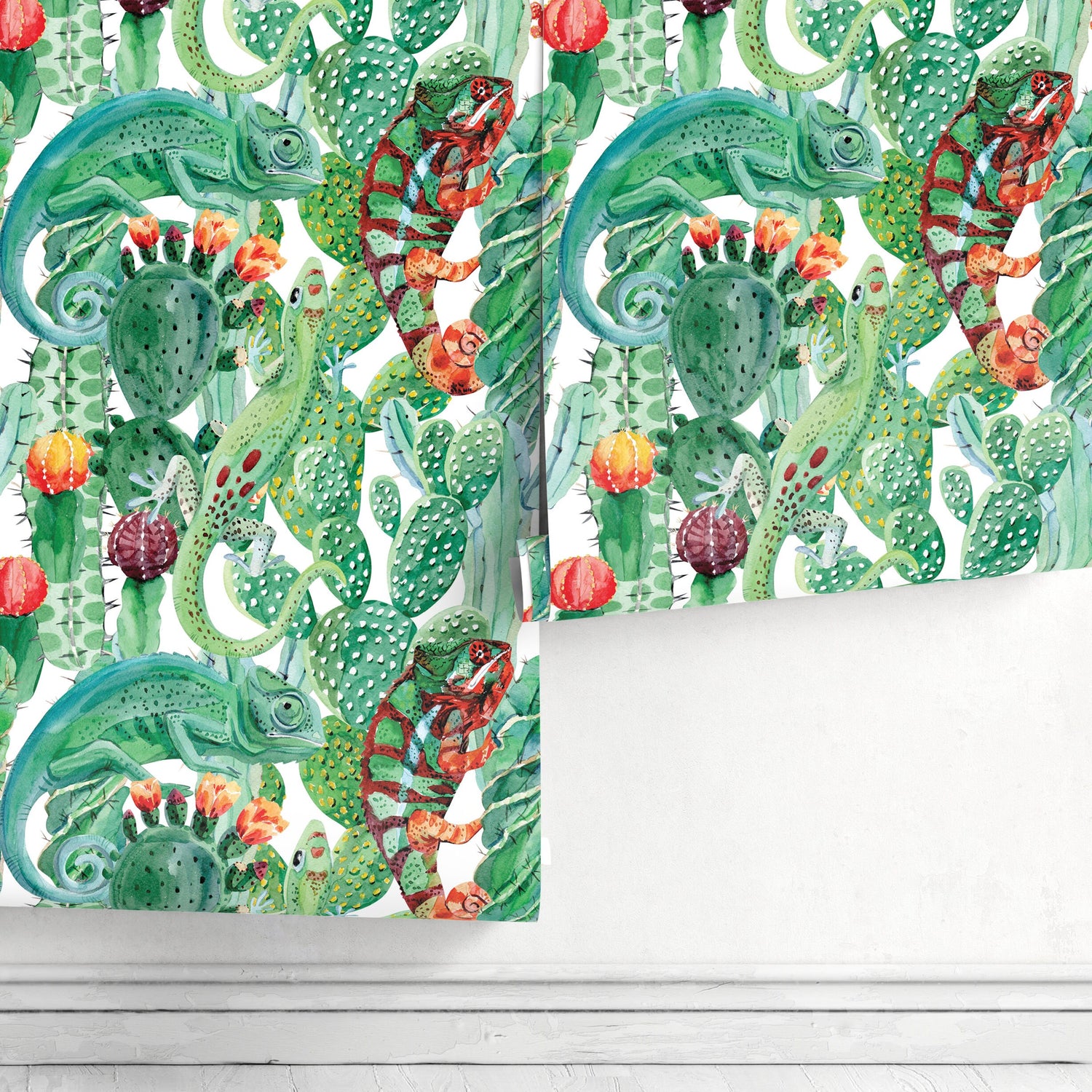 Wallpaper Peel and Stick Wallpaper Removable Wallpaper Home Decor Wall Art Wall Decor Room Decor/ Tropical Chameleons Cactus Wallpaper -A315