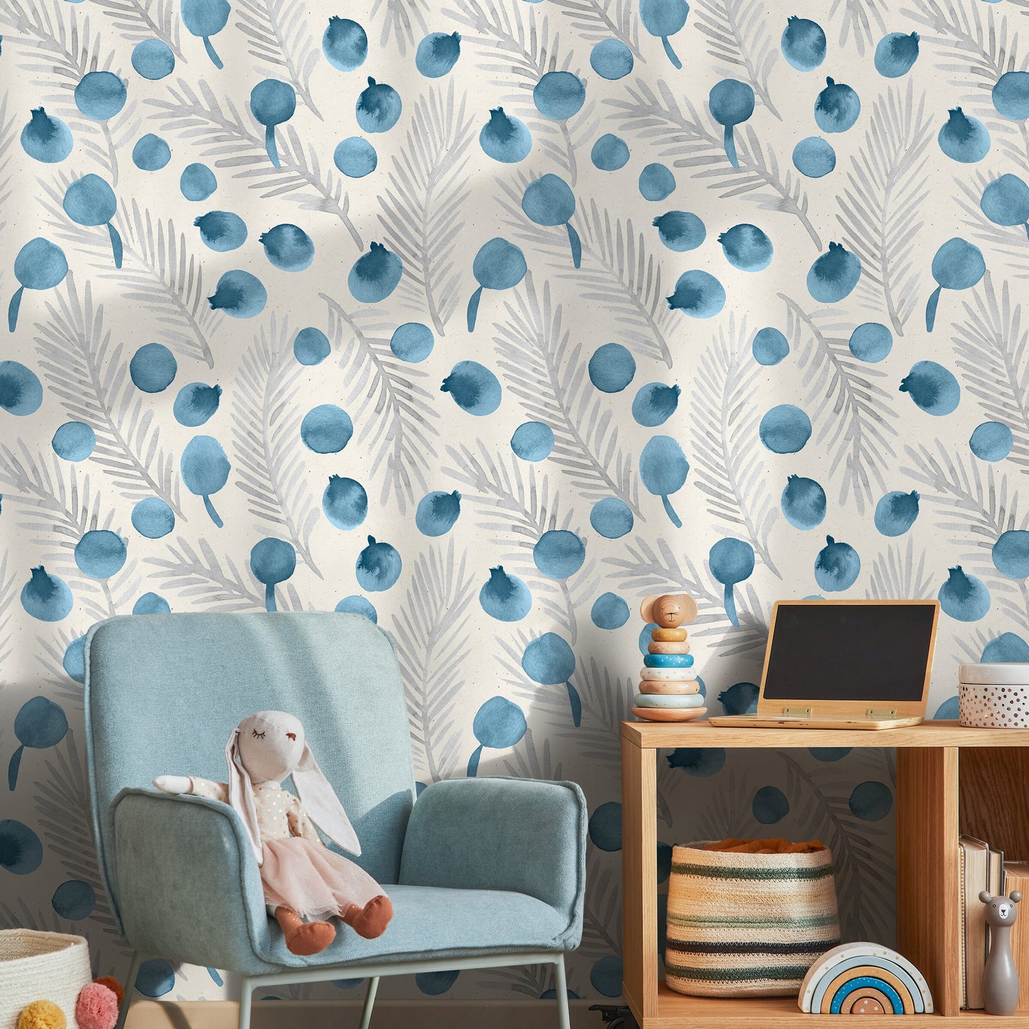 Wallpaper Peel and Stick Wallpaper Removable Wallpaper Home Decor Wall Art Wall Decor Room Decor / Blue Botanical Leaves Wallpaper - A320