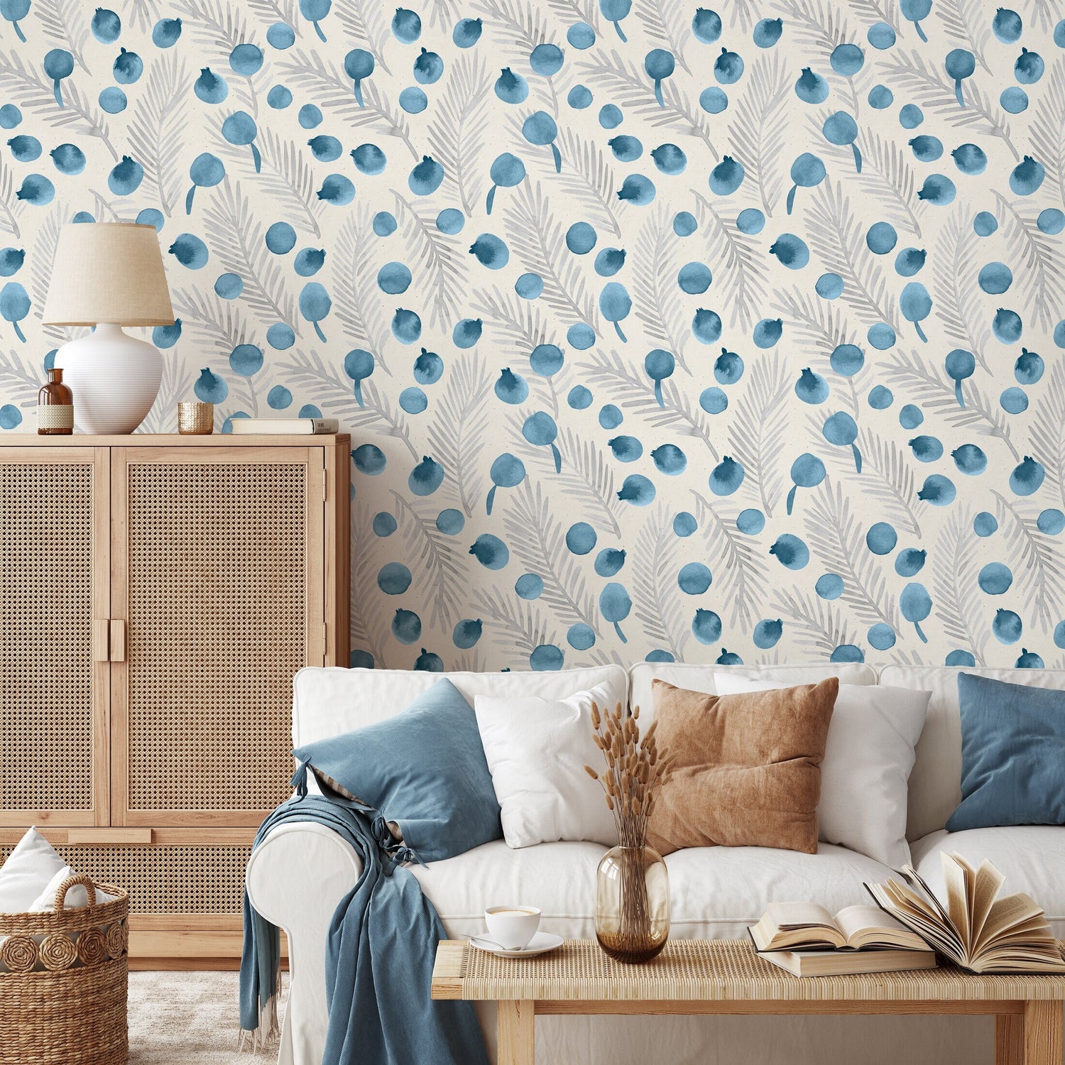 Wallpaper Peel and Stick Wallpaper Removable Wallpaper Home Decor Wall Art Wall Decor Room Decor / Blue Botanical Leaves Wallpaper - A320