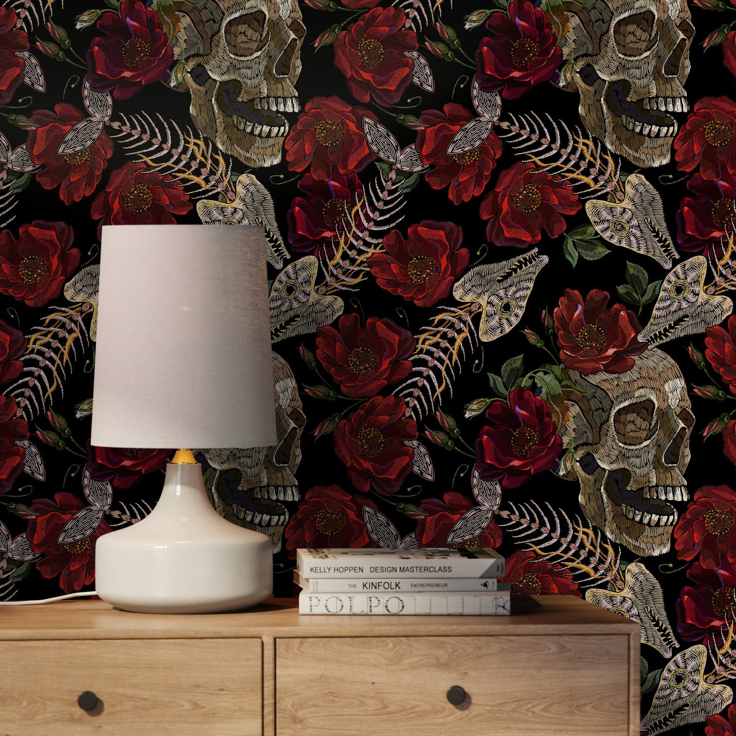 Dark Floral Wallpaper Fish Skeleton and Skull Wallpaper Peel and Stick and Traditional Wallpaper - D914