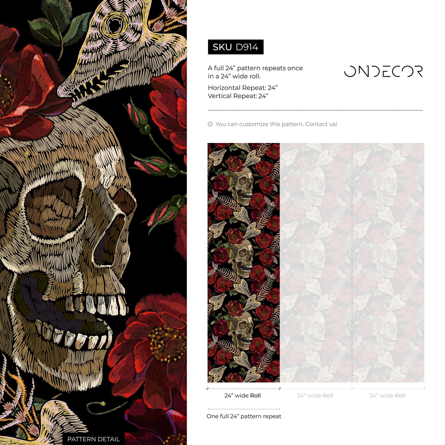 Dark Floral Wallpaper Fish Skeleton and Skull Wallpaper Peel and Stick and Traditional Wallpaper - D914