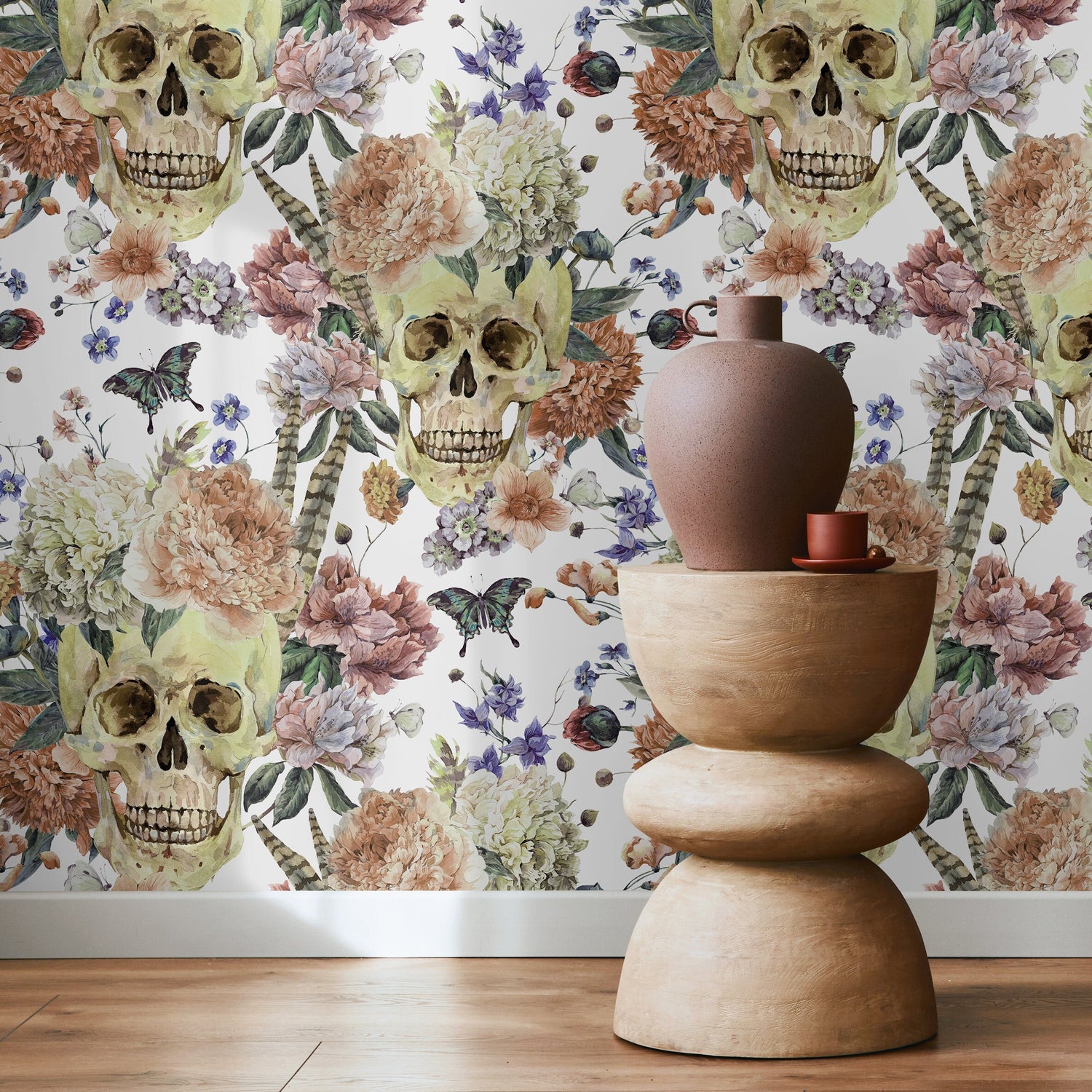 Vintage Floral Wallpaper Roses and Skulls Wallpaper Peel and Stick and Traditional Wallpaper - D923