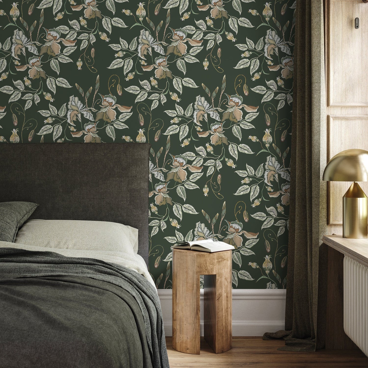 Green Floral Wallpaper Vintage Garden Wallpaper Peel and Stick and Traditional Wallpaper - D869