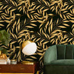 Golden Leaves Wallpaper Removable Wallpaper Peel and Stick Traditional Wallpaper Botanical Wallpaper Home Decor Printable Wall Art - X127