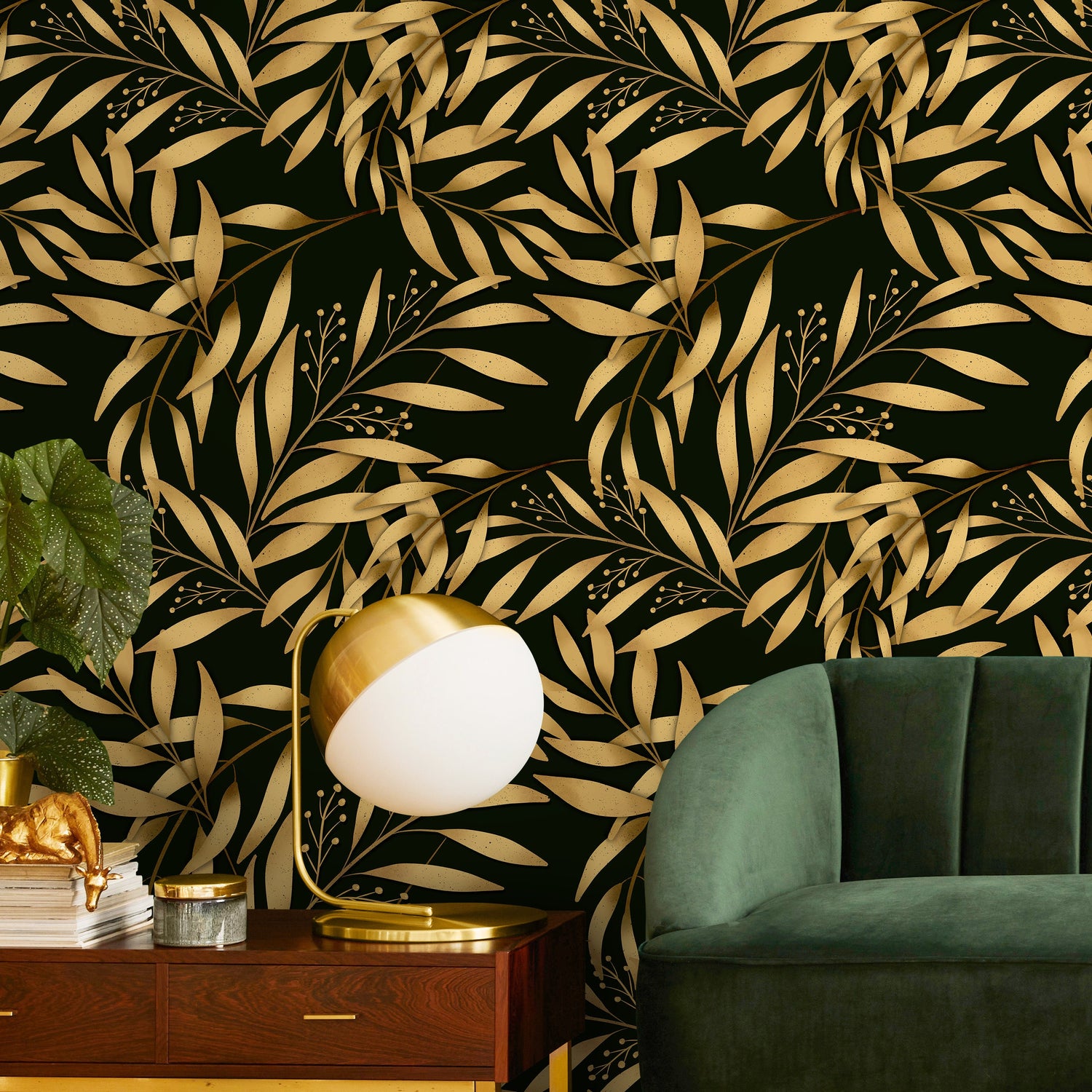 Golden Leaves Wallpaper Removable Wallpaper Peel and Stick Traditional Wallpaper Botanical Wallpaper Home Decor Printable Wall Art - X127