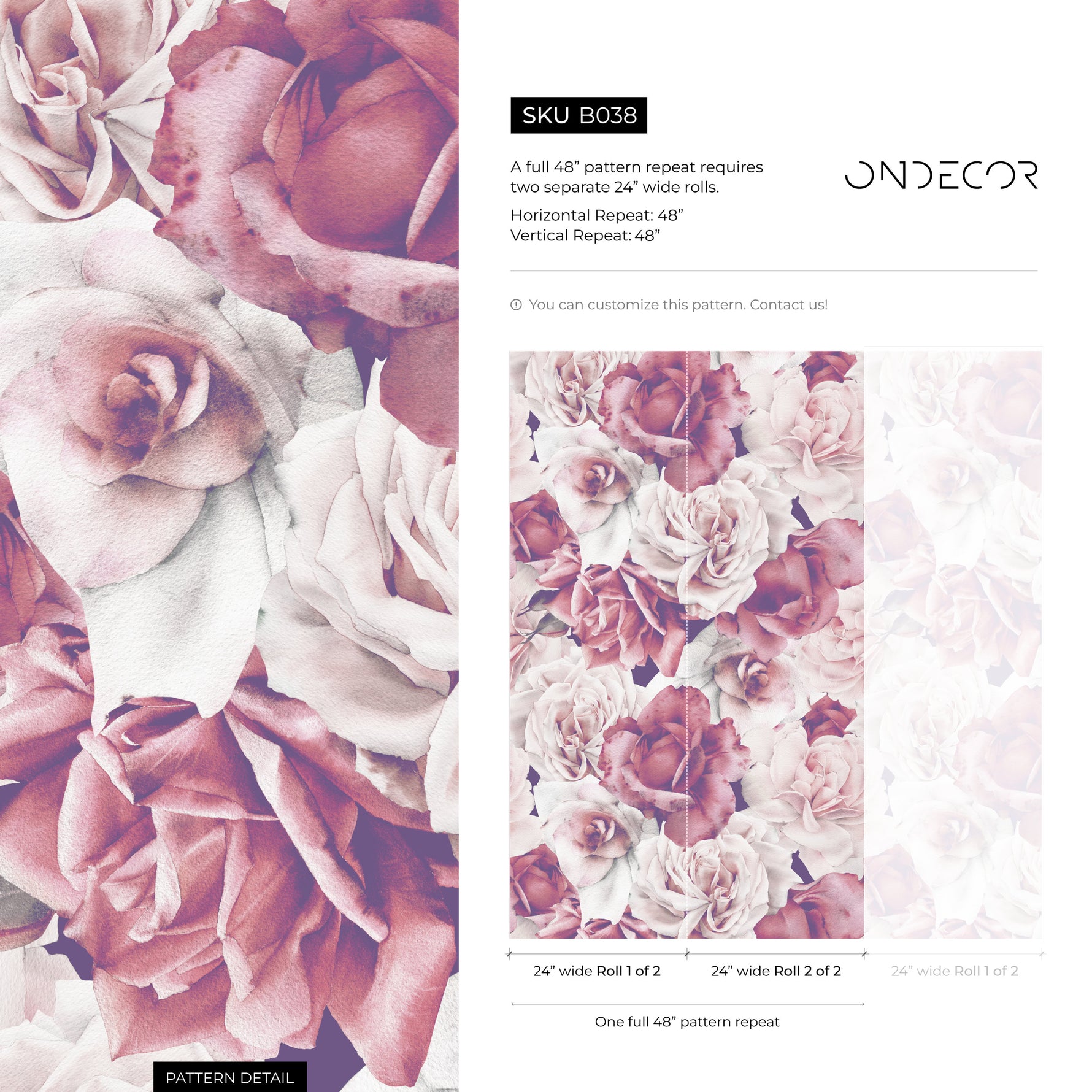 Vintage Roses, Removable Wallpaper, Watercolor Flowers, Temporary Wallpaper, Wall Paper Removable, Wallpaper - B038