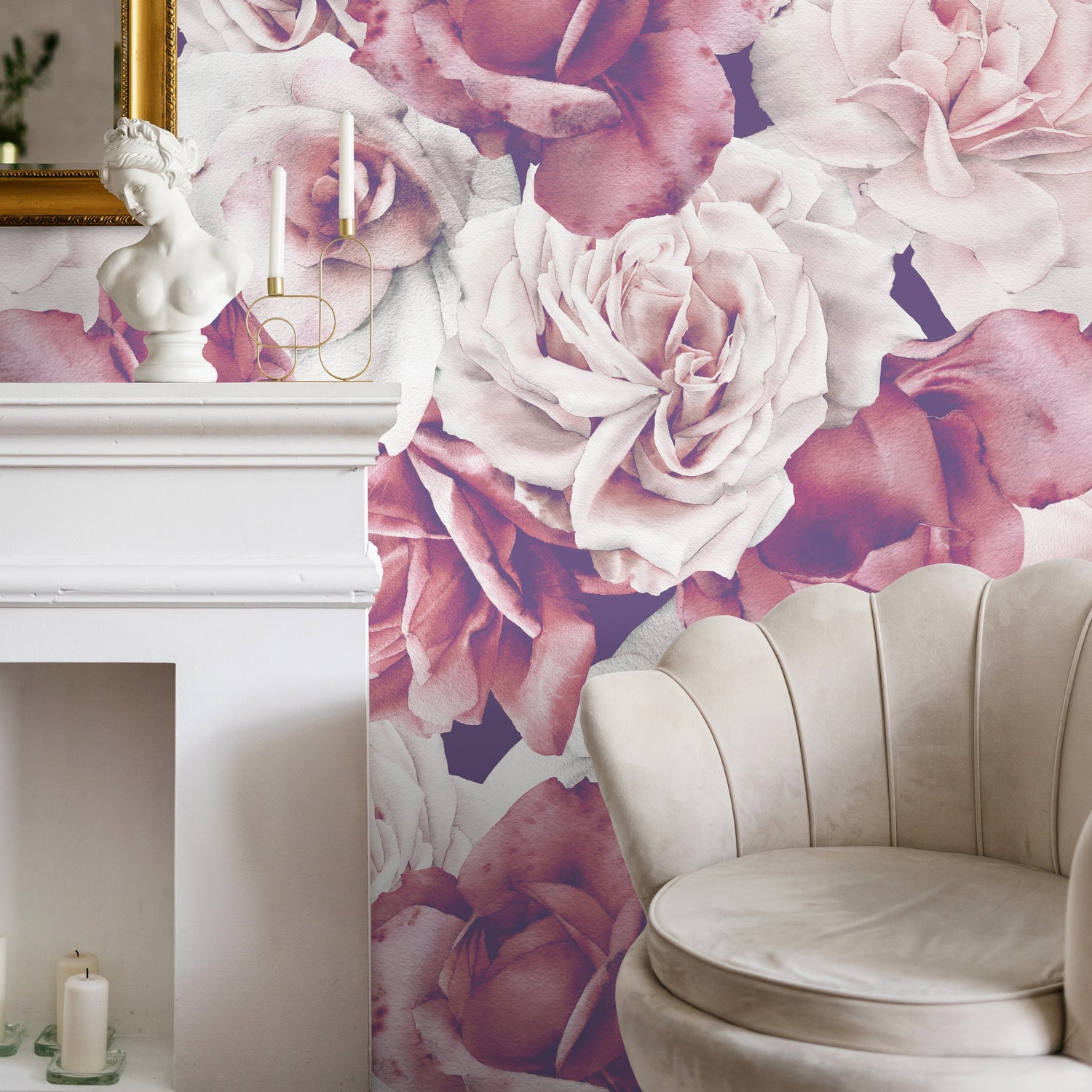 Vintage Roses, Removable Wallpaper, Watercolor Flowers, Temporary Wallpaper, Wall Paper Removable, Wallpaper - B038