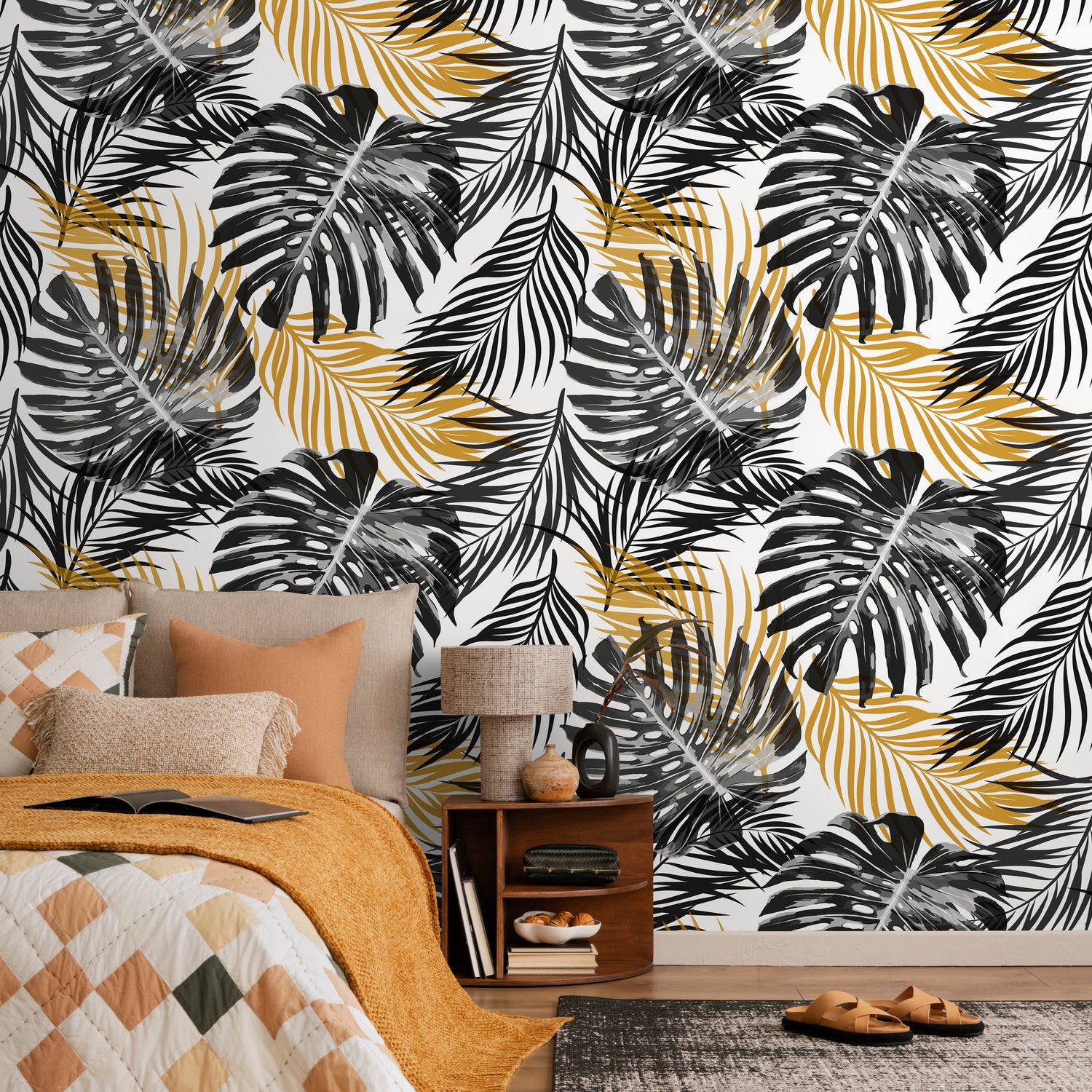 Wallpaper Peel and Stick Wallpaper Removable Wallpaper Home Decor Wall Art Wall Decor Room Decor / Black Monstera Leaf Wallpaper - B119