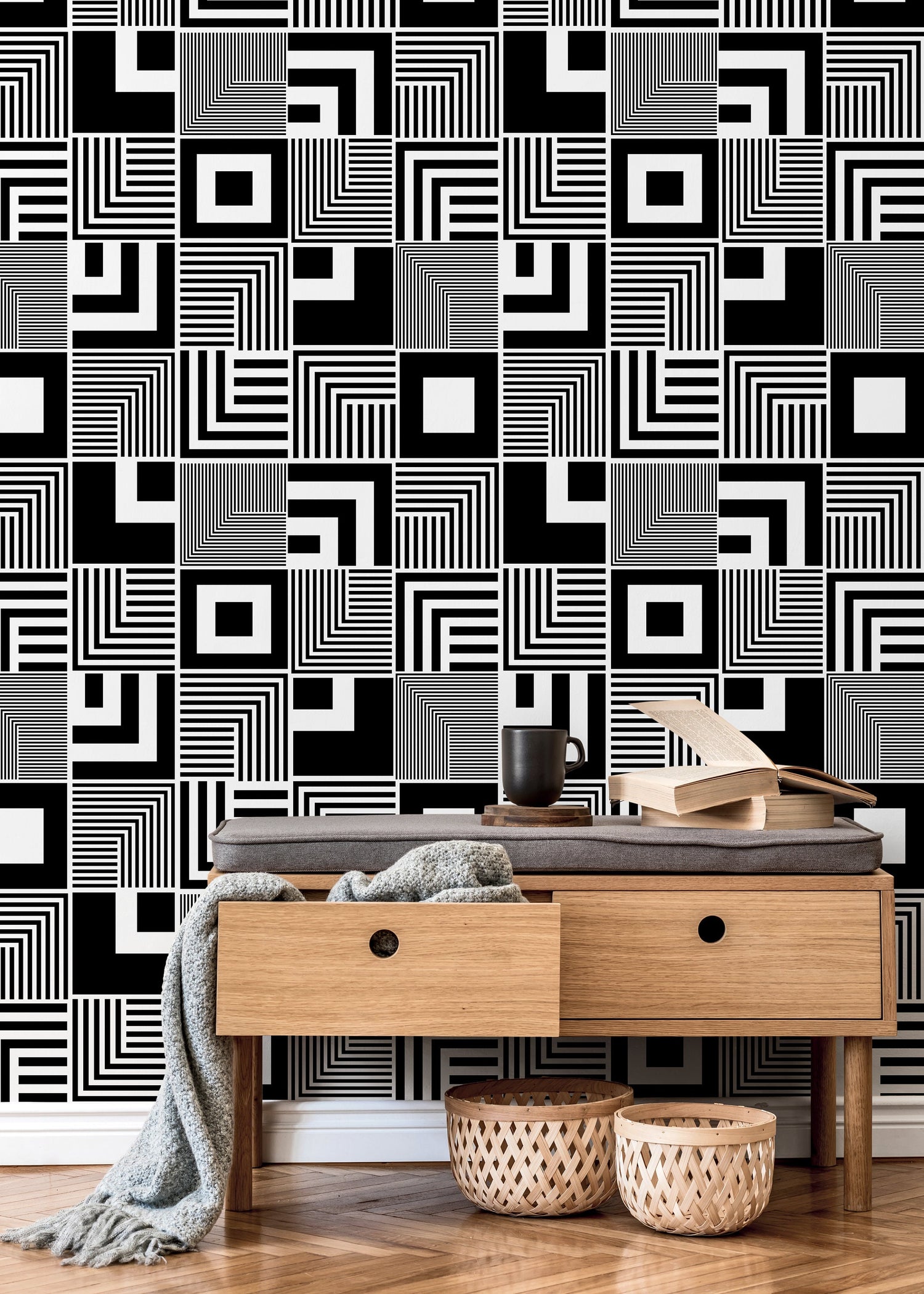 Wall Decor Wallpaper Peel and Stick Wallpaper Removable Wallpaper Home Decor Wall Art Room Decor / Black and White Squares Wallpaper - B789