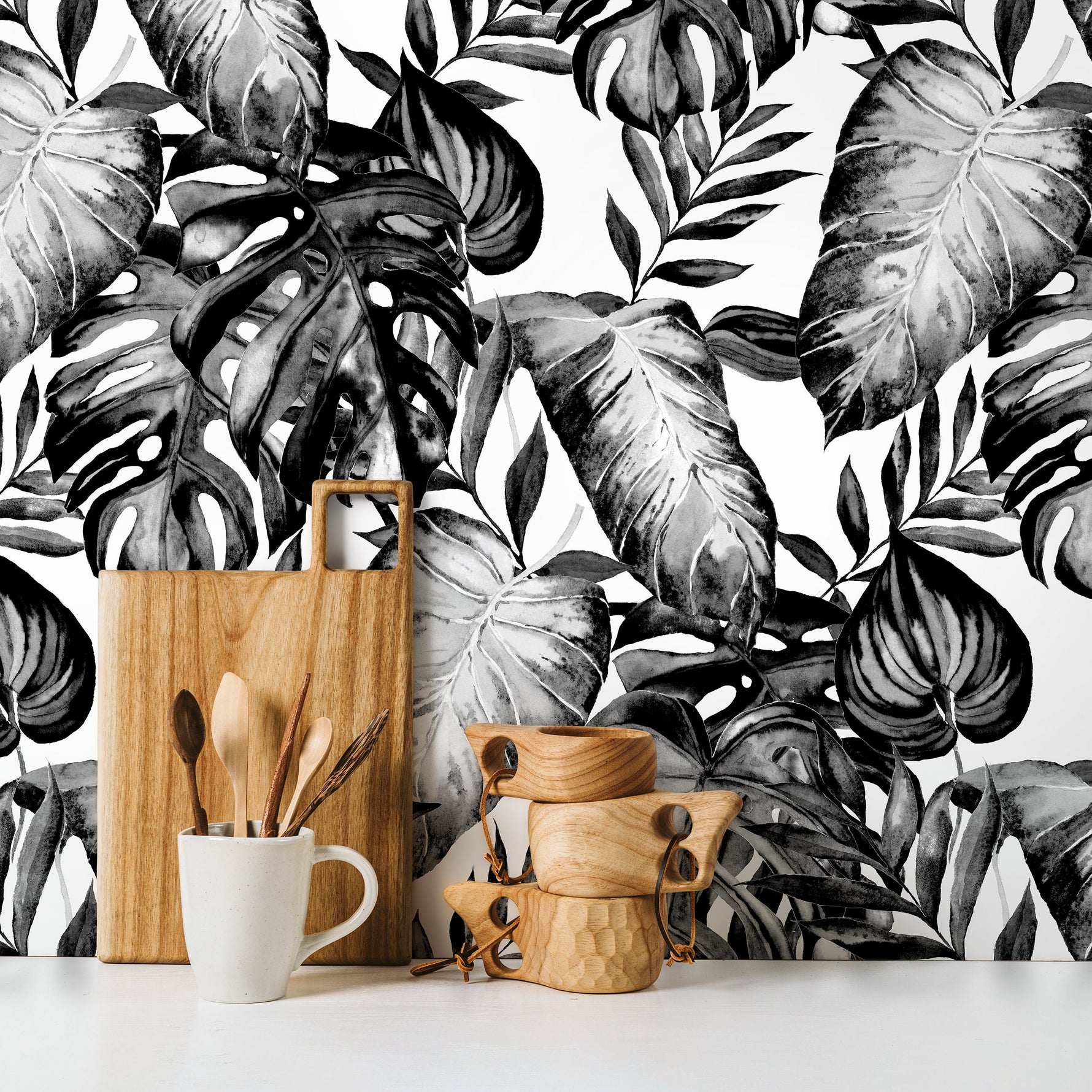 Wallpaper Peel and Stick Wallpaper Removable Wallpaper Home Decor Wall Art Wall Decor Room Decor / Black and White Monstera Wallpaper -B655