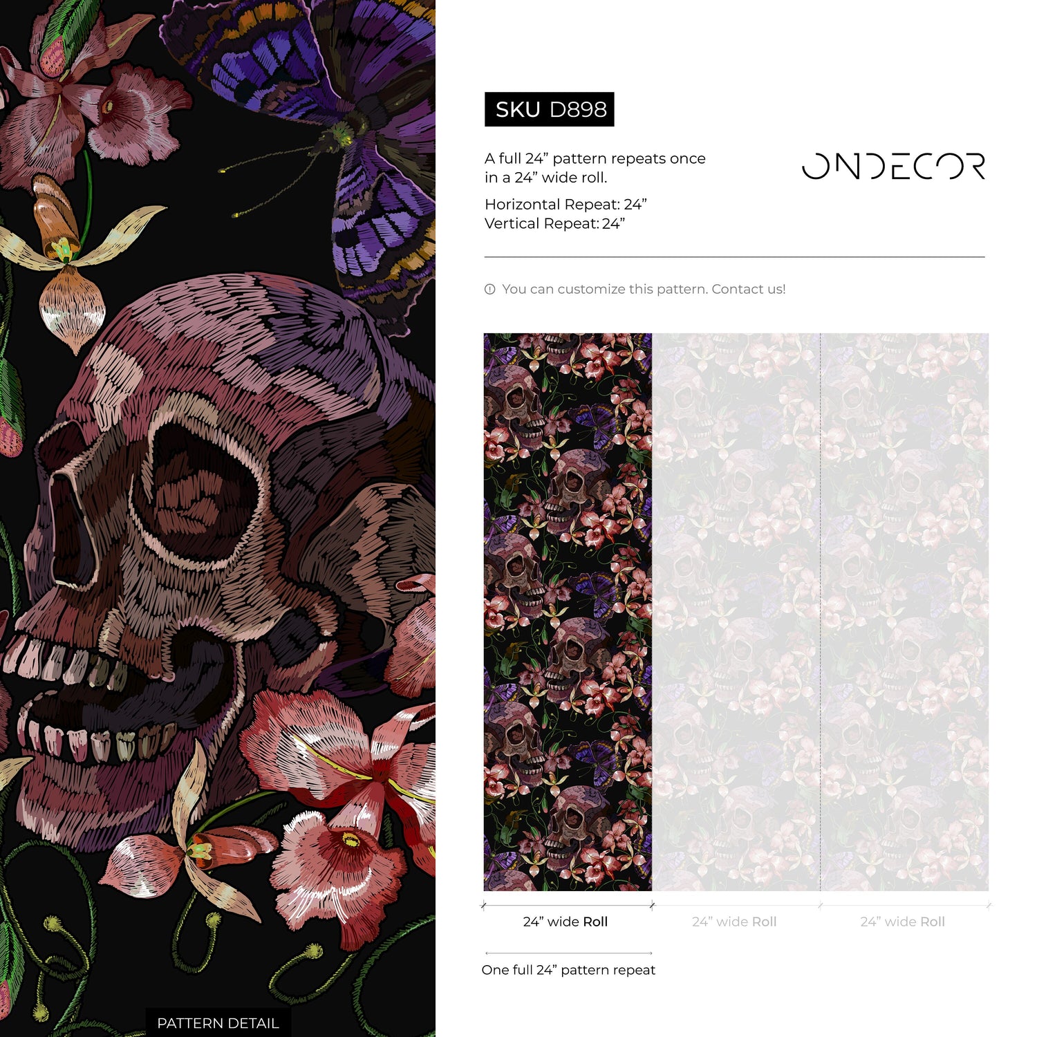 Skull and Butterfly Wallpaper Dark Floral Wallpaper Peel and Stick and Traditional Wallpaper - D898