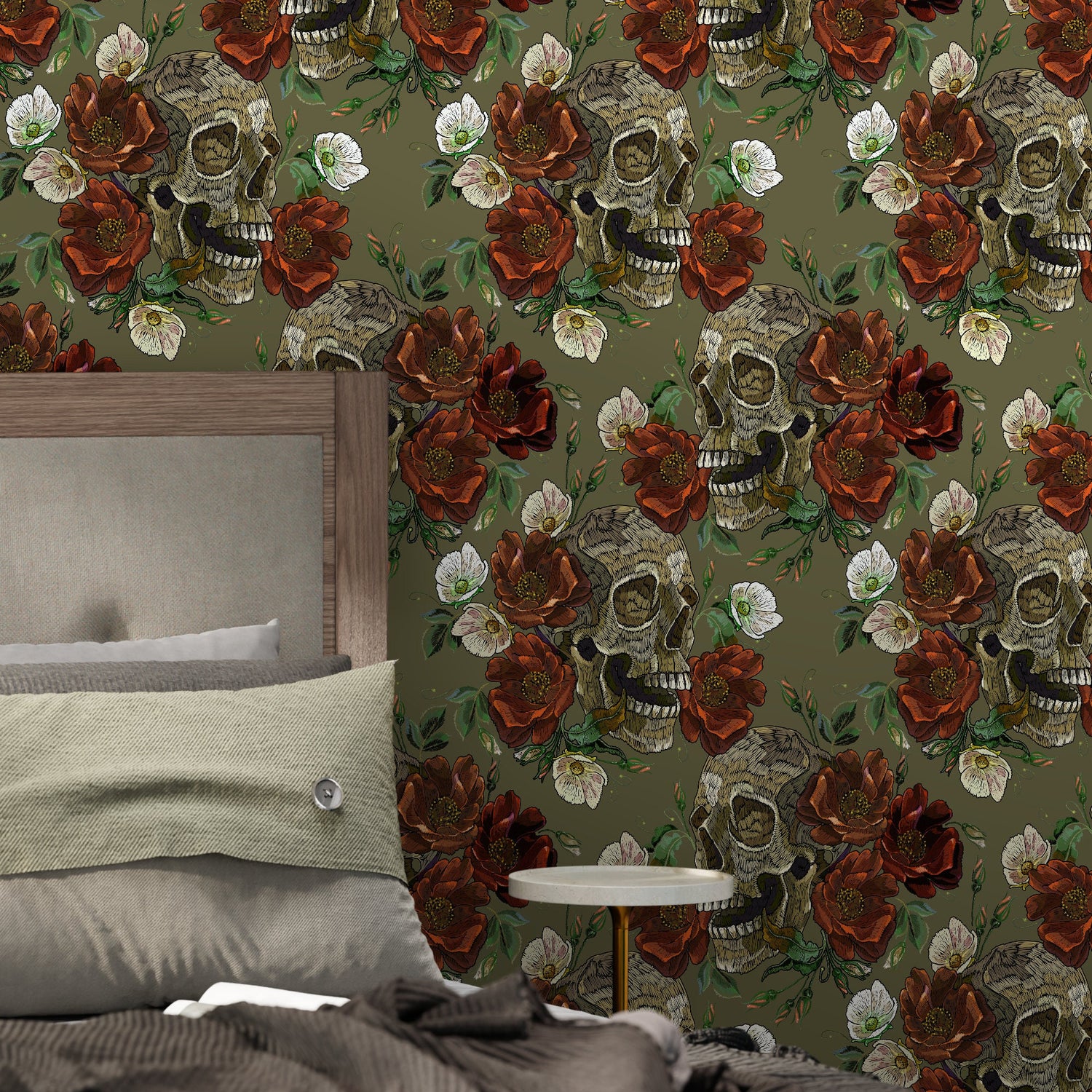 Floral and Skulls Wallpaper Maximalist Wallpaper Peel and Stick and Traditional Wallpaper - D904