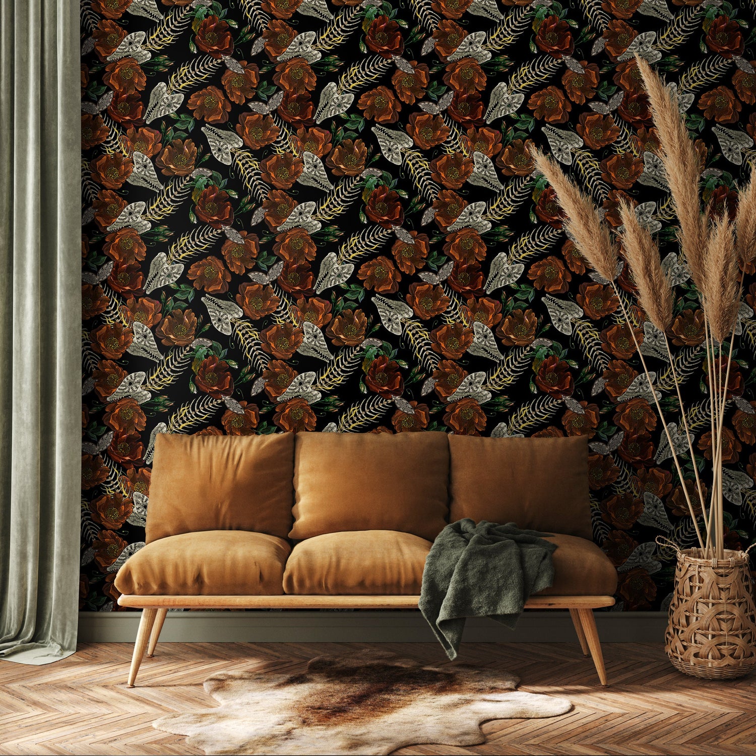 Vintage Floral Wallpaper Fish Skeleton Wallpaper Peel and Stick and Traditional Wallpaper - D913