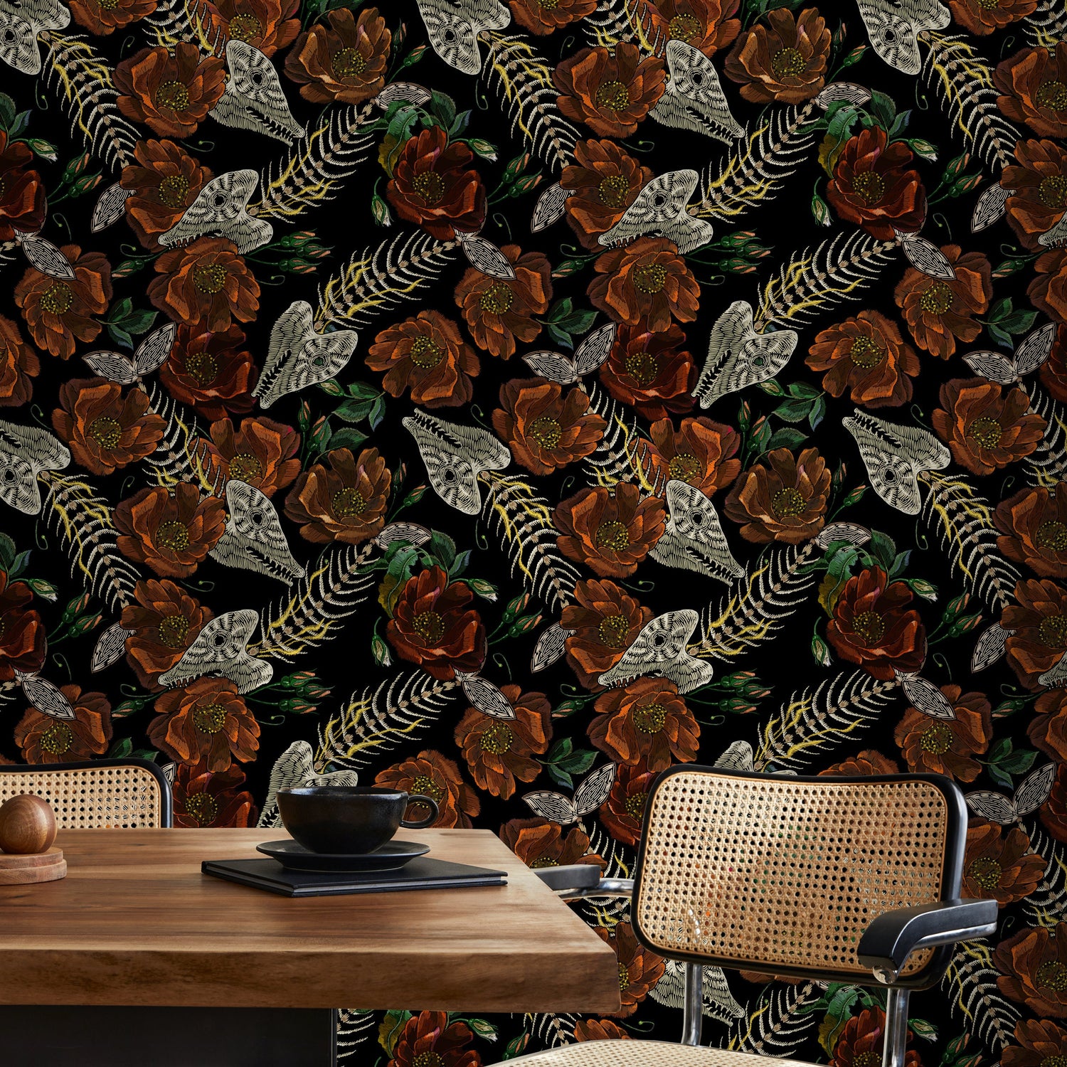 Vintage Floral Wallpaper Fish Skeleton Wallpaper Peel and Stick and Traditional Wallpaper - D913