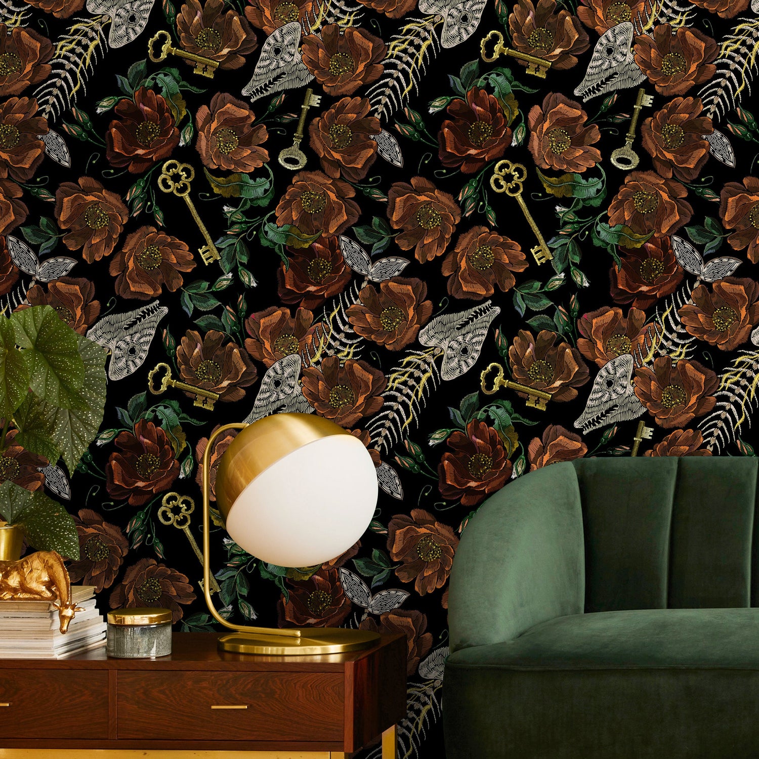 Whimsical Floral Wallpaper Fish Skeleton Wallpaper Peel and Stick and Traditional Wallpaper - D919