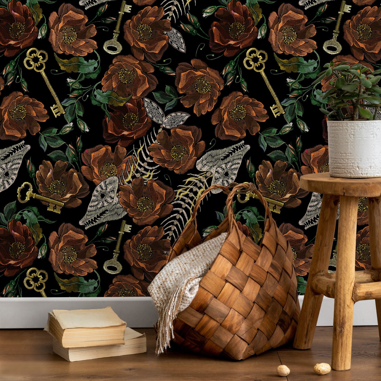 Whimsical Floral Wallpaper Fish Skeleton Wallpaper Peel and Stick and Traditional Wallpaper - D919