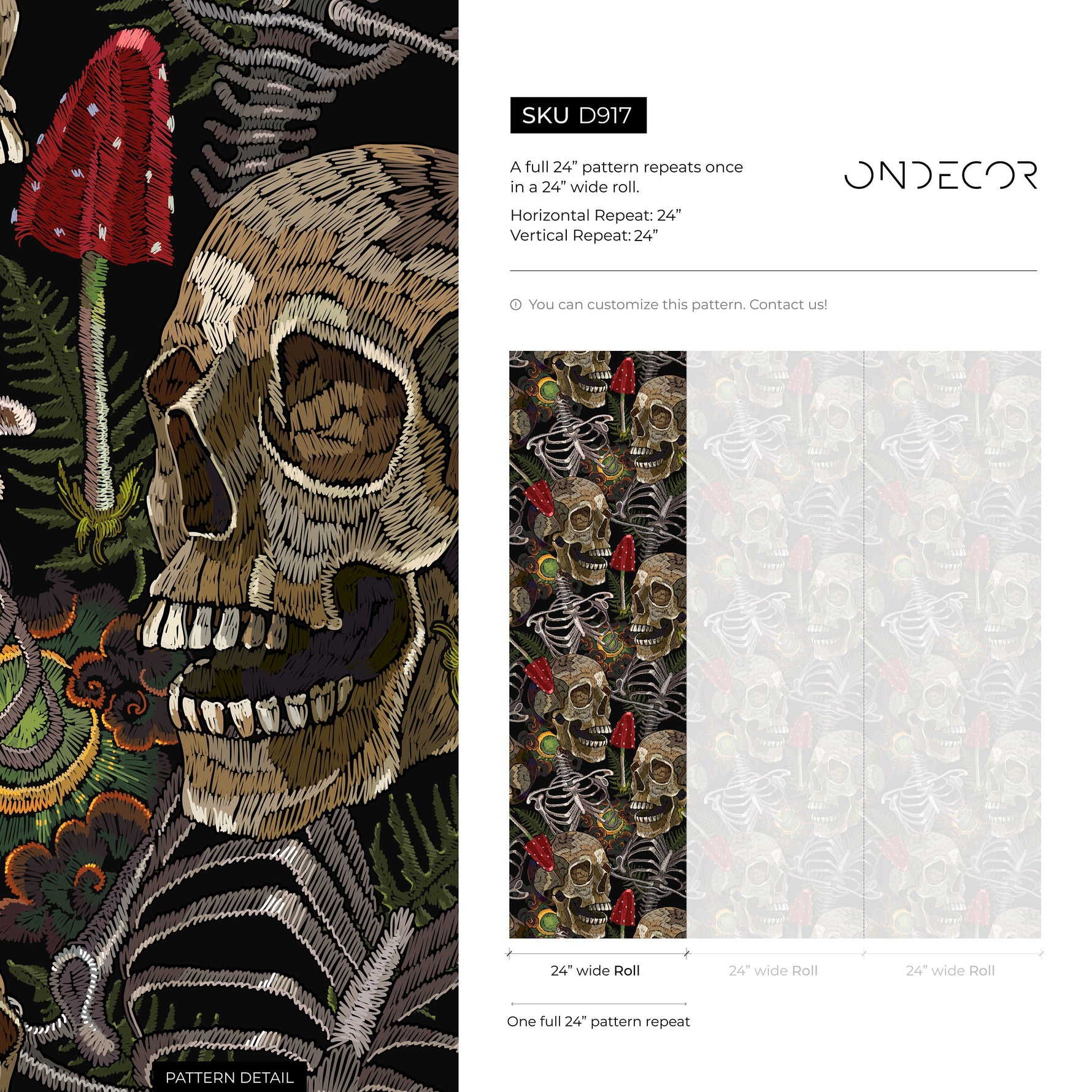 Fern and Skull Wallpaper Peel and Stick and Traditional Wallpaper - D917