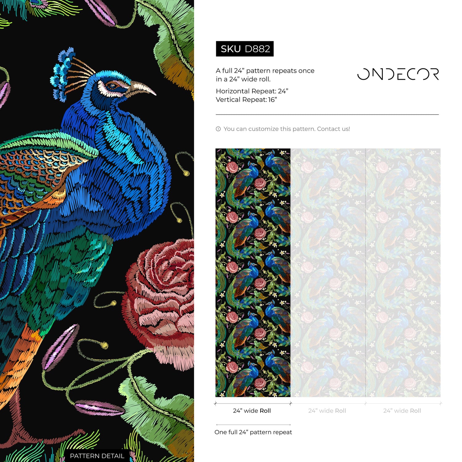 Peacock Wallpaper Dark Floral Wallpaper Peel and Stick and Traditional Wallpaper - D882