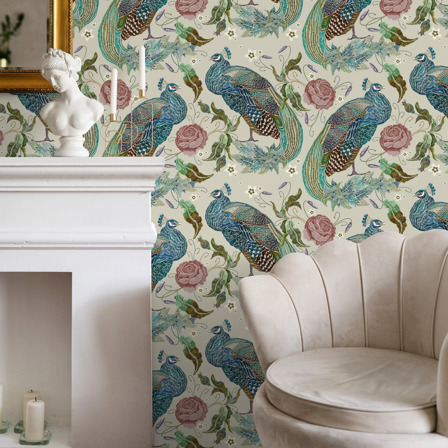 Peacock Wallpaper Vintage Floral Wallpaper Peel and Stick and Traditional Wallpaper - D883