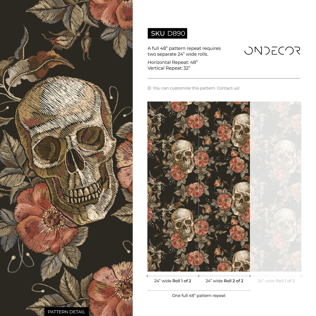 Large Skull Wallpaper Dark Roses Wallpaper Peel and Stick and Traditional Wallpaper - D890