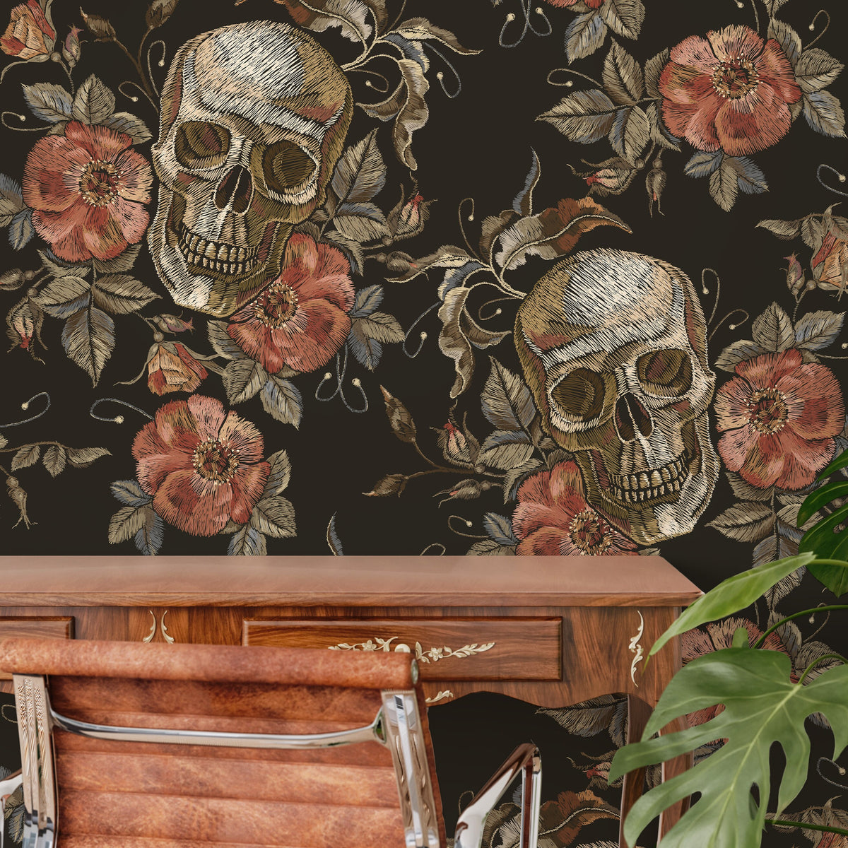 Large Skull Wallpaper Dark Roses Wallpaper Peel and Stick and Traditional Wallpaper - D890