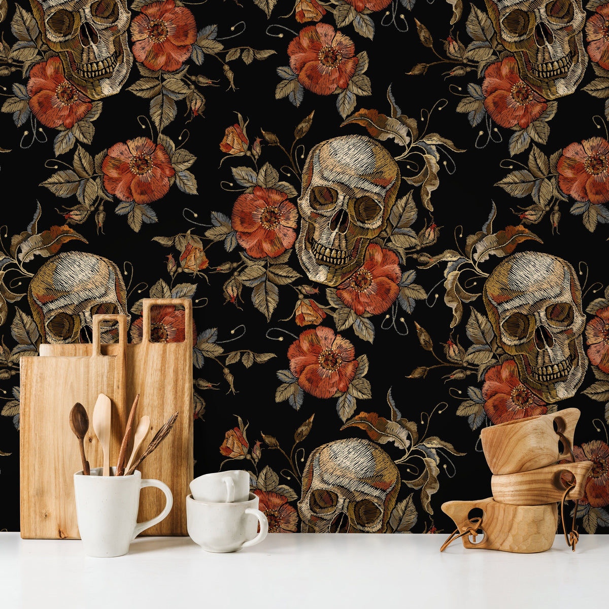 Skull Wallpaper Dark Roses Wallpaper Peel and Stick and Traditional Wallpaper - D889