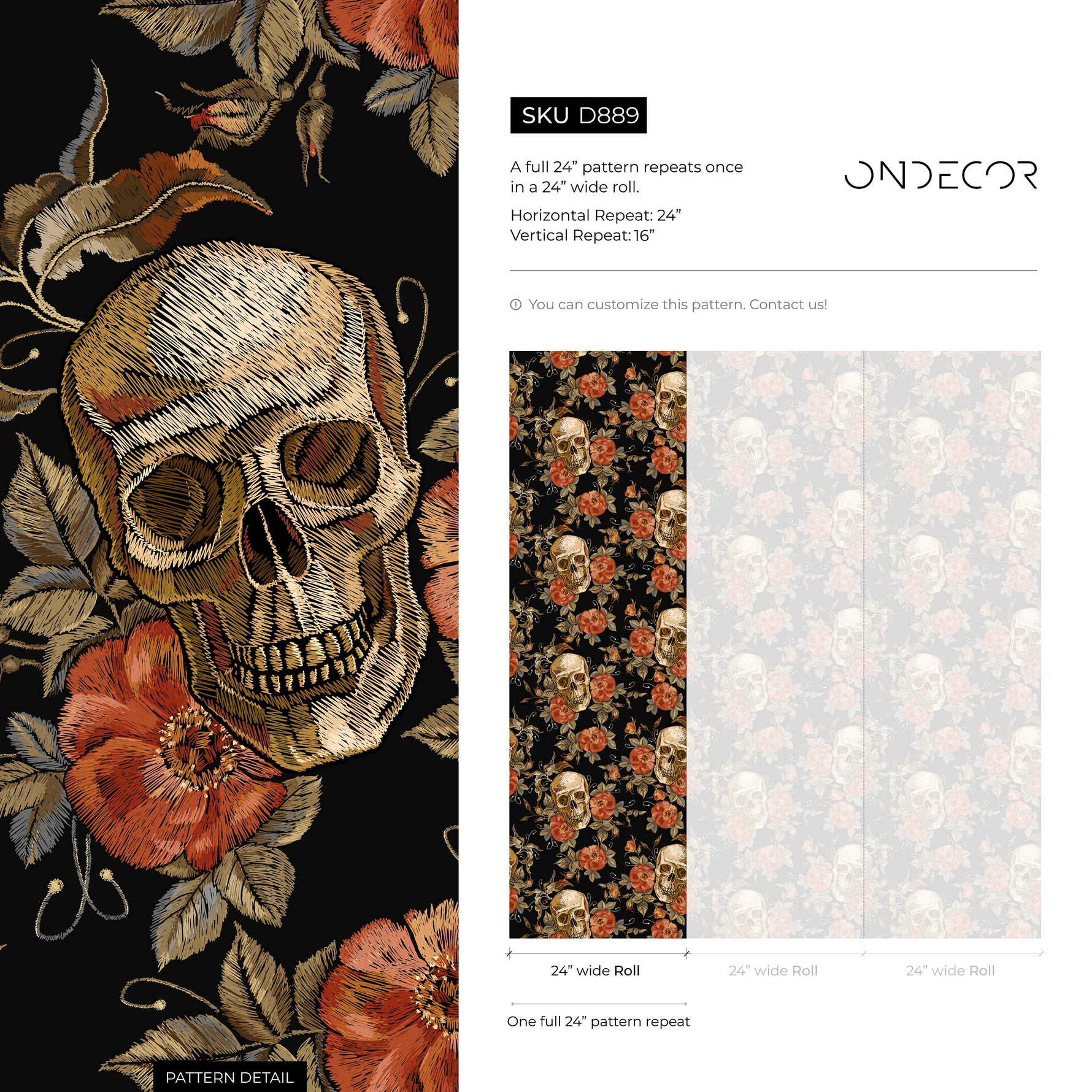 Skull Wallpaper Dark Roses Wallpaper Peel and Stick and Traditional Wallpaper - D889