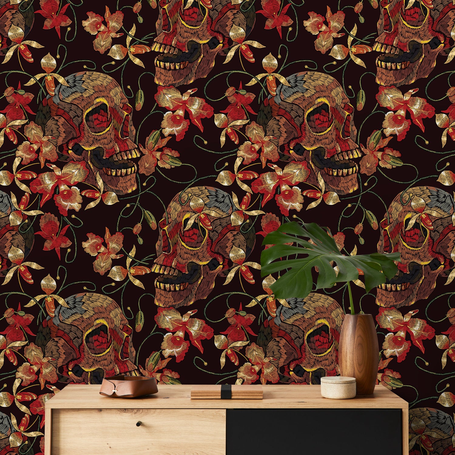 Floral Skull Wallpaper Red and Black Wallpaper Peel and Stick and Traditional Wallpaper - D896