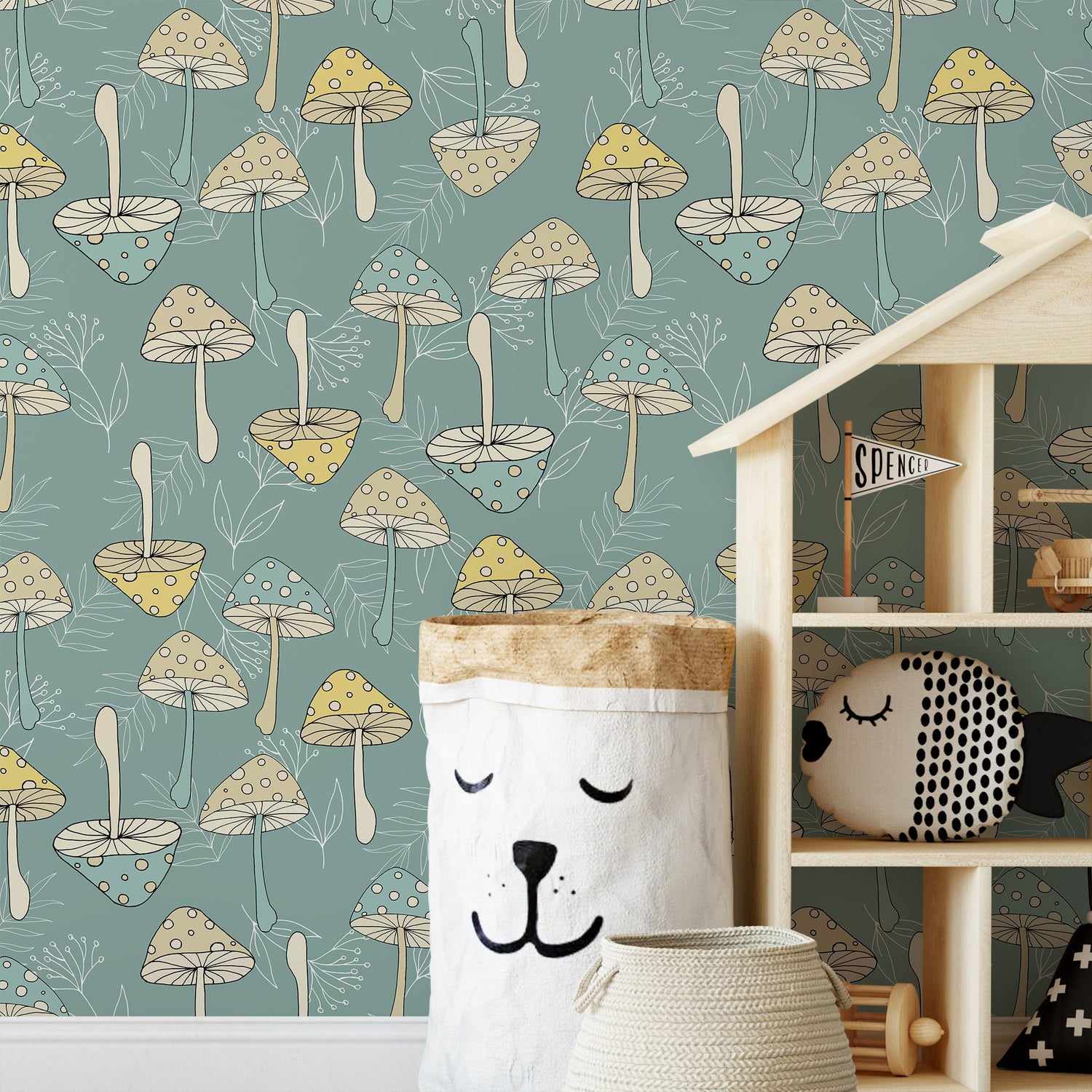 Green Mushroom Wallpaper Groovy Wallpaper Peel and Stick and Traditional Wallpaper - D892