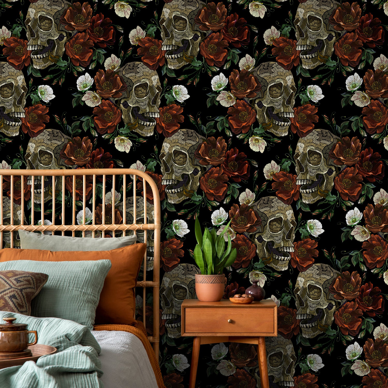 Gothic Floral and Skulls Wallpaper Maximalist Wallpaper Peel and Stick and Traditional Wallpaper - D906