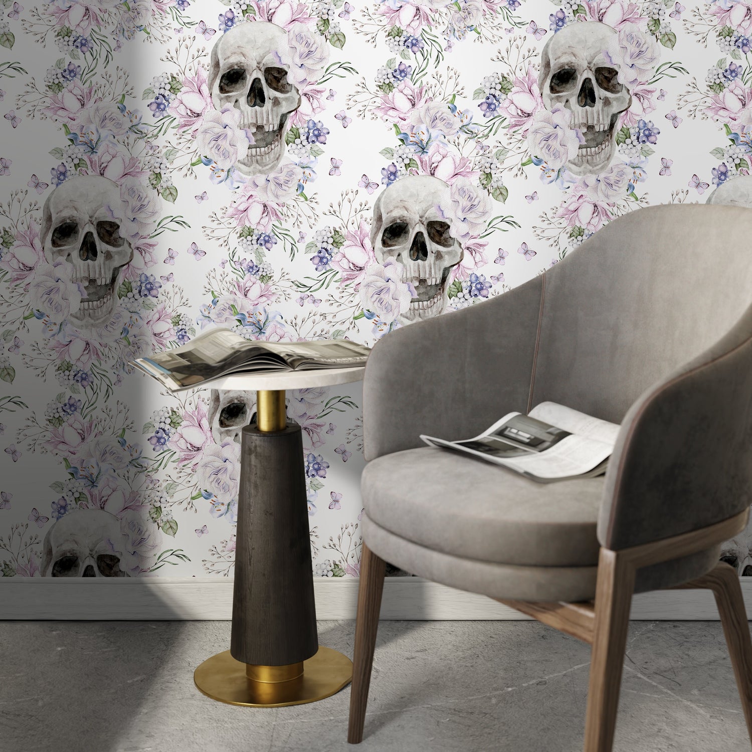 Vintage Floral Wallpaper Light Floral Skull Wallpaper Peel and Stick and Traditional Wallpaper - D930