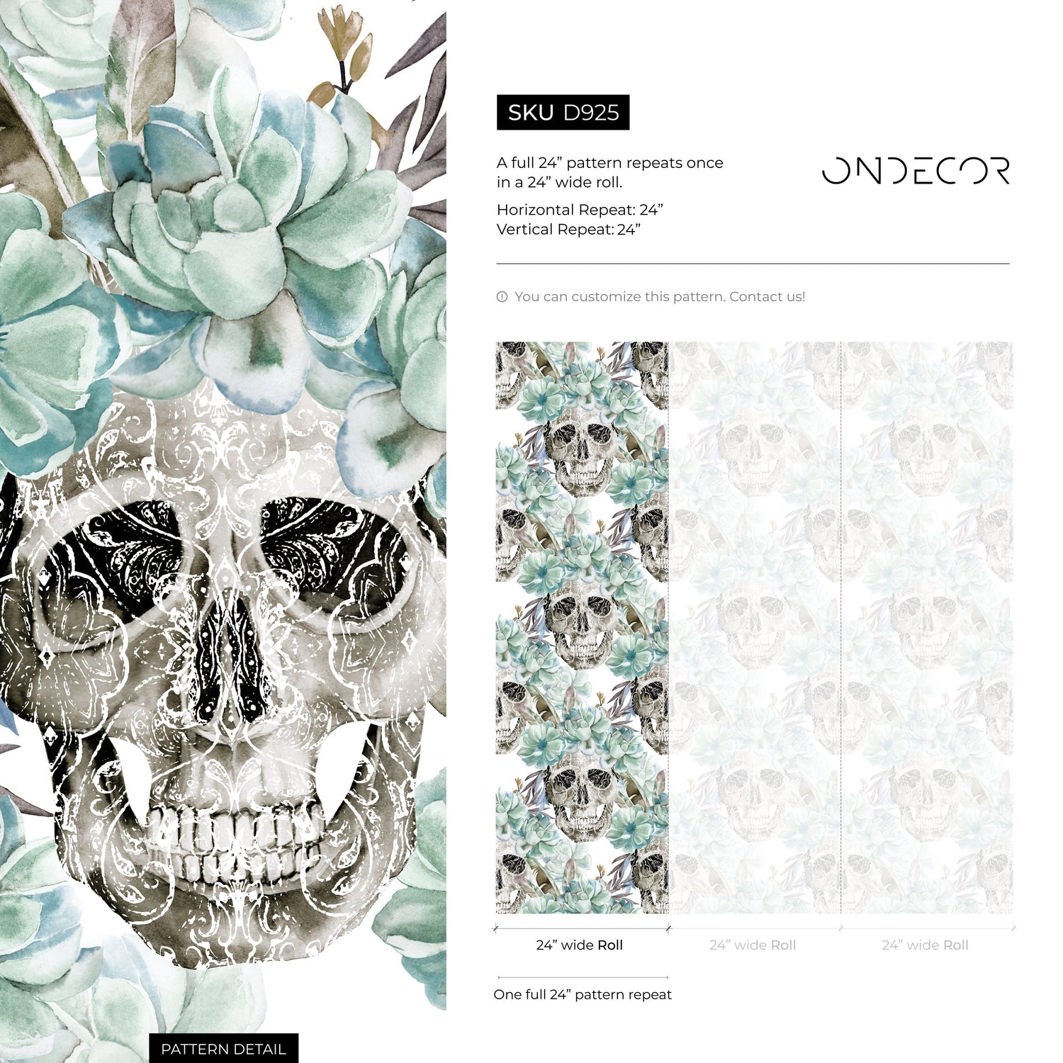 Vintage Floral Wallpaper Succulent and Skull Wallpaper Peel and Stick and Traditional Wallpaper - D925