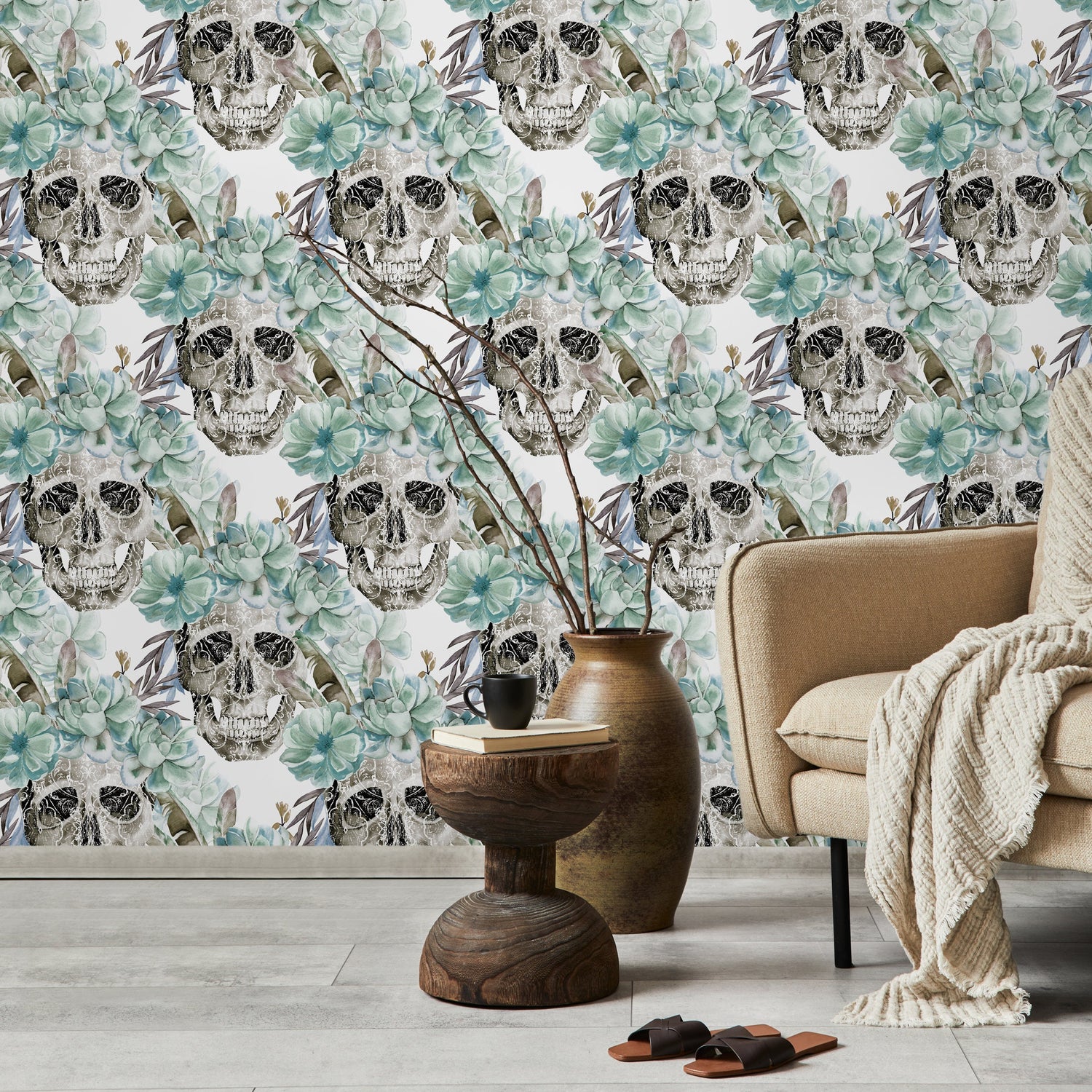 Vintage Floral Wallpaper Succulent and Skull Wallpaper Peel and Stick and Traditional Wallpaper - D925