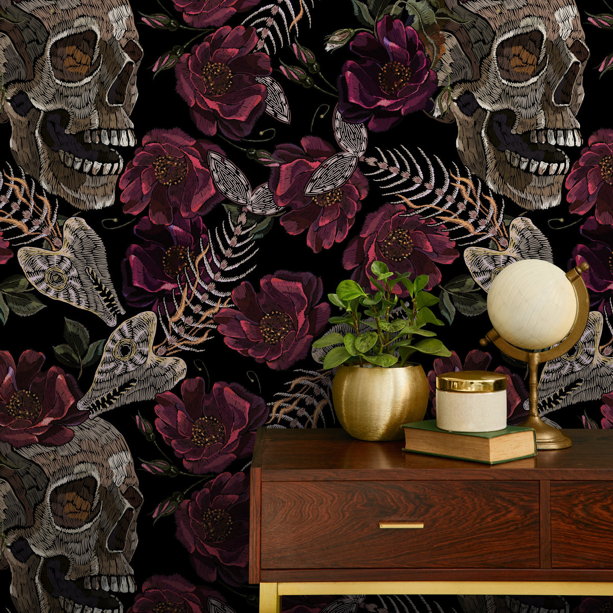 Gothic Floral Wallpaper Fish Skeleton and Skull Wallpaper Peel and Stick and Traditional Wallpaper - D915