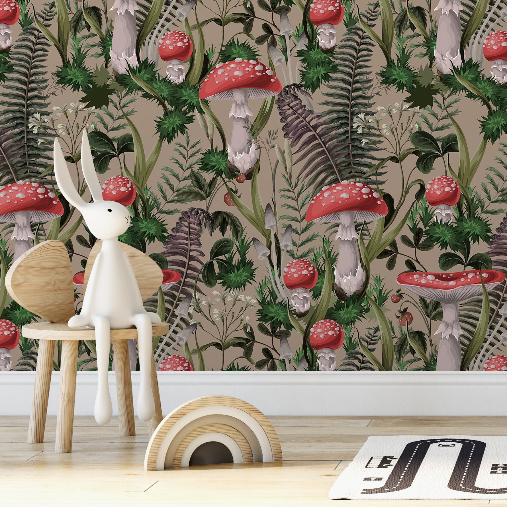 Fern and Mushroom Wallpaper Botanical Wallpaper Peel and Stick and Traditional Wallpaper - D920