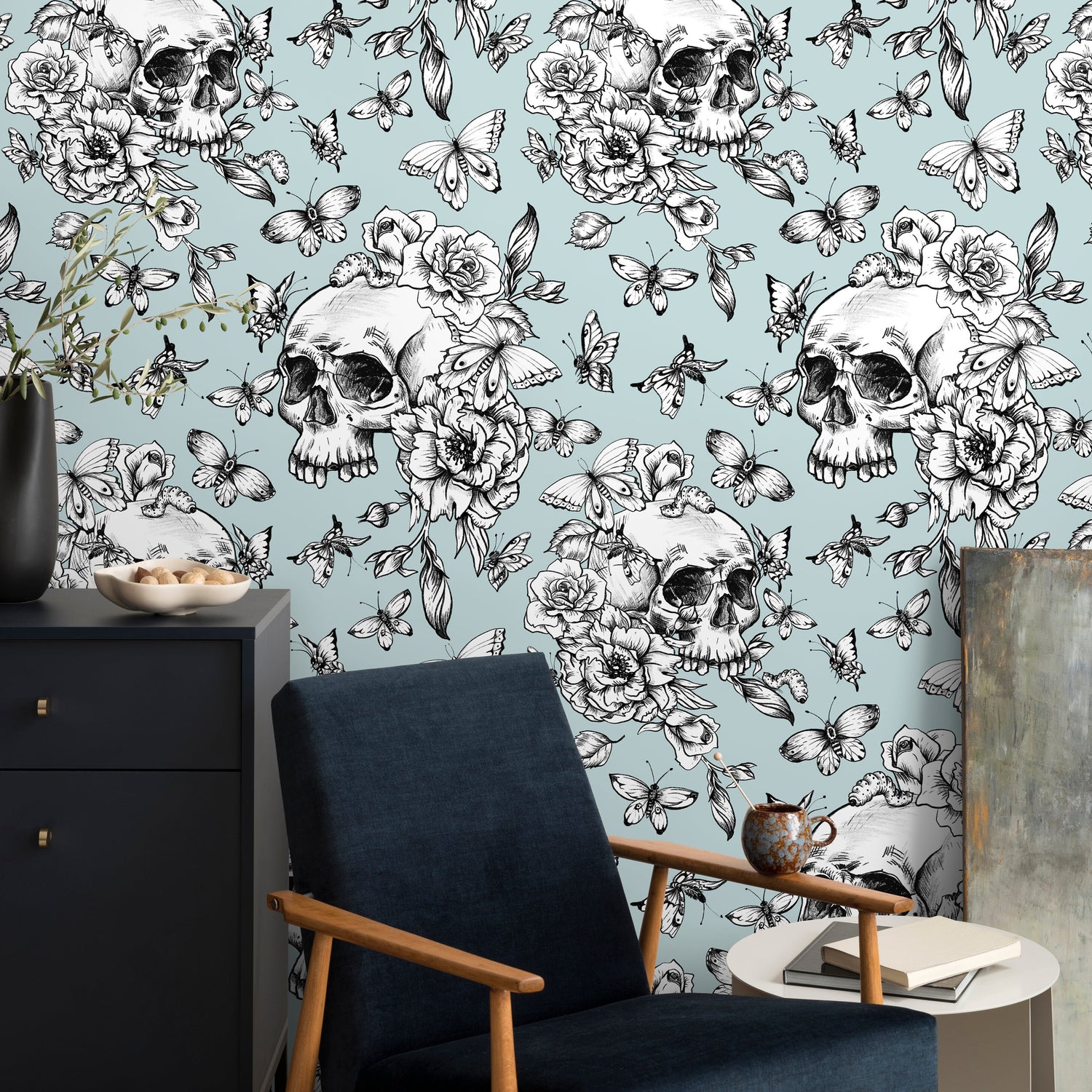 Vintage Floral Wallpaper Butterfly and Skull Wallpaper Peel and Stick and Traditional Wallpaper - D927