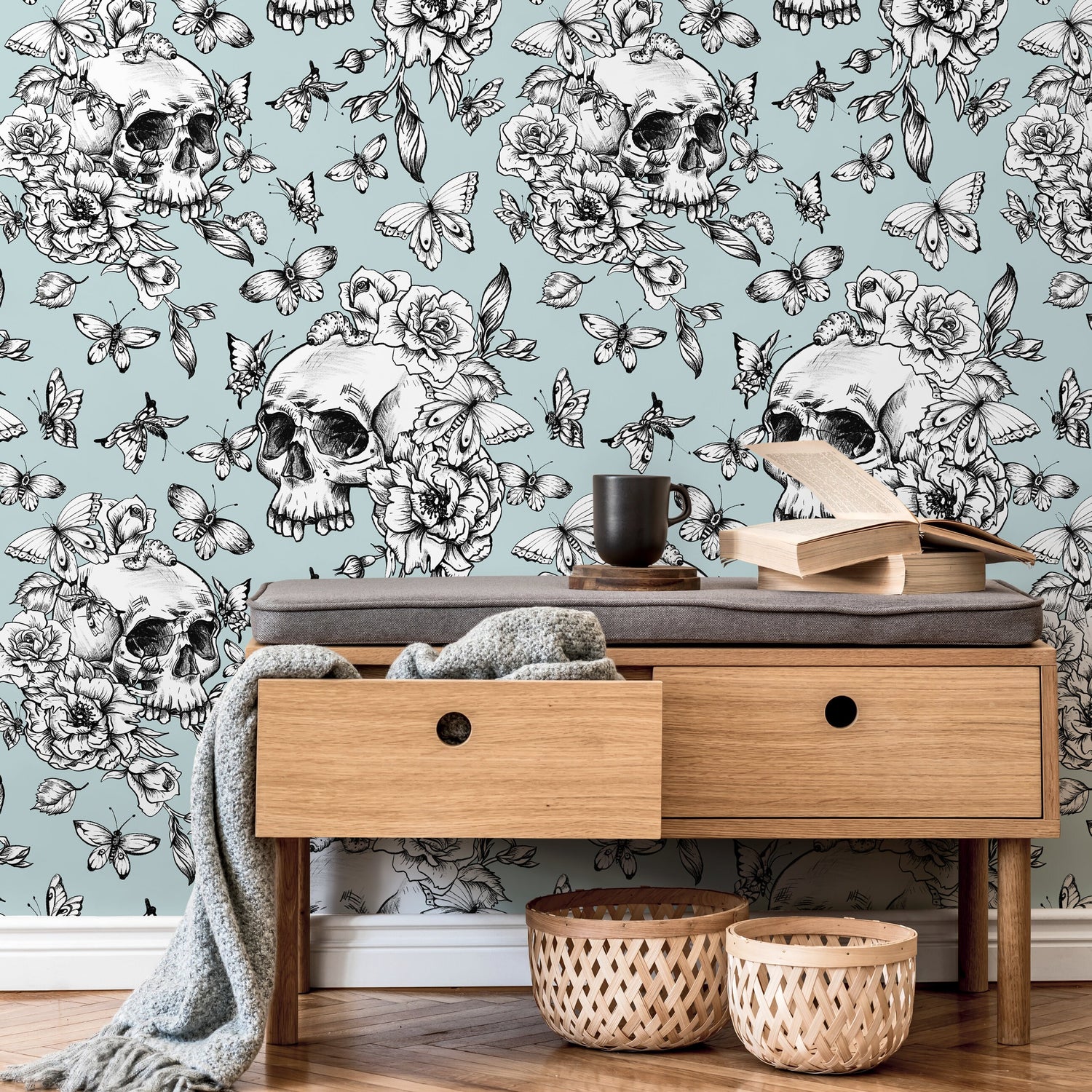 Vintage Floral Wallpaper Butterfly and Skull Wallpaper Peel and Stick and Traditional Wallpaper - D927