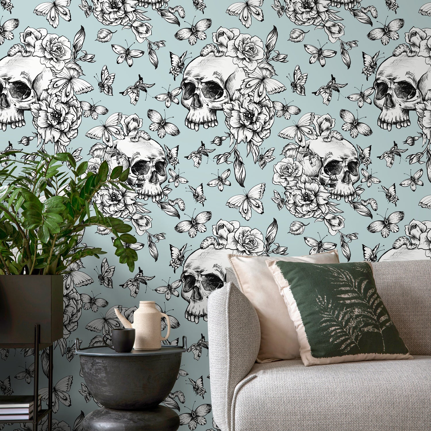 Vintage Floral Wallpaper Butterfly and Skull Wallpaper Peel and Stick and Traditional Wallpaper - D927