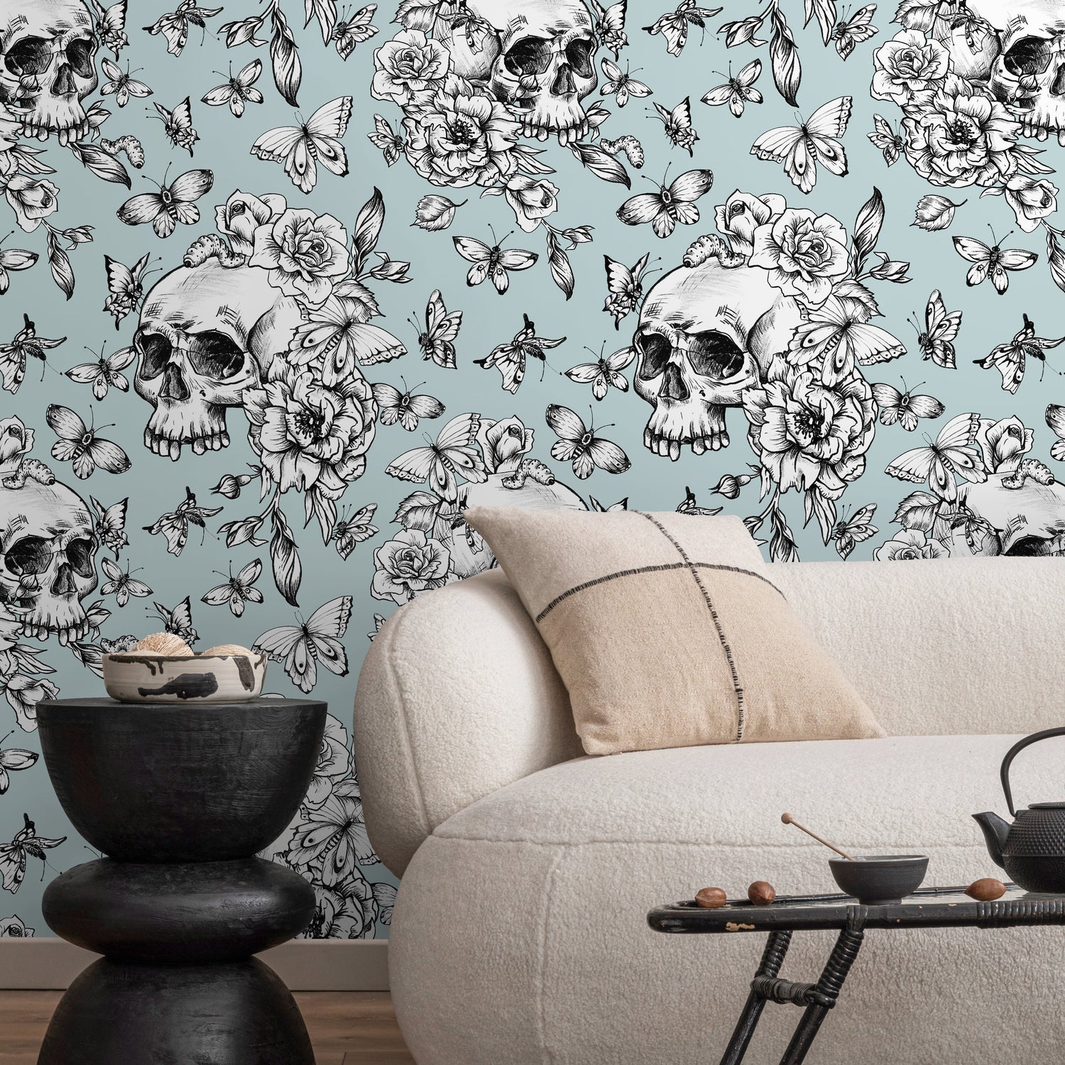 Vintage Floral Wallpaper Butterfly and Skull Wallpaper Peel and Stick and Traditional Wallpaper - D927