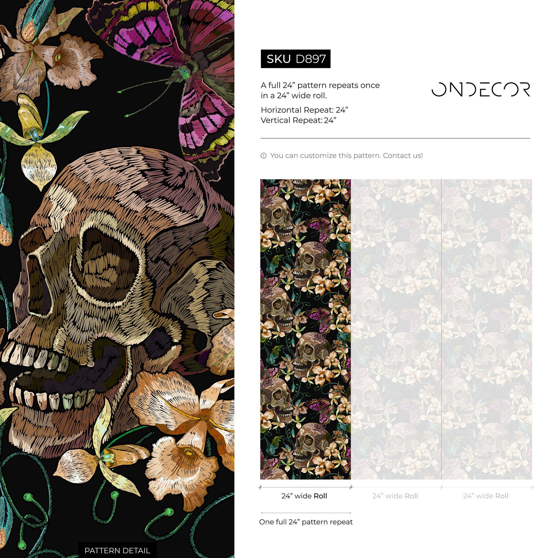 Skull and Butterfly Wallpaper Maximalist Wallpaper Peel and Stick and Traditional Wallpaper - D897