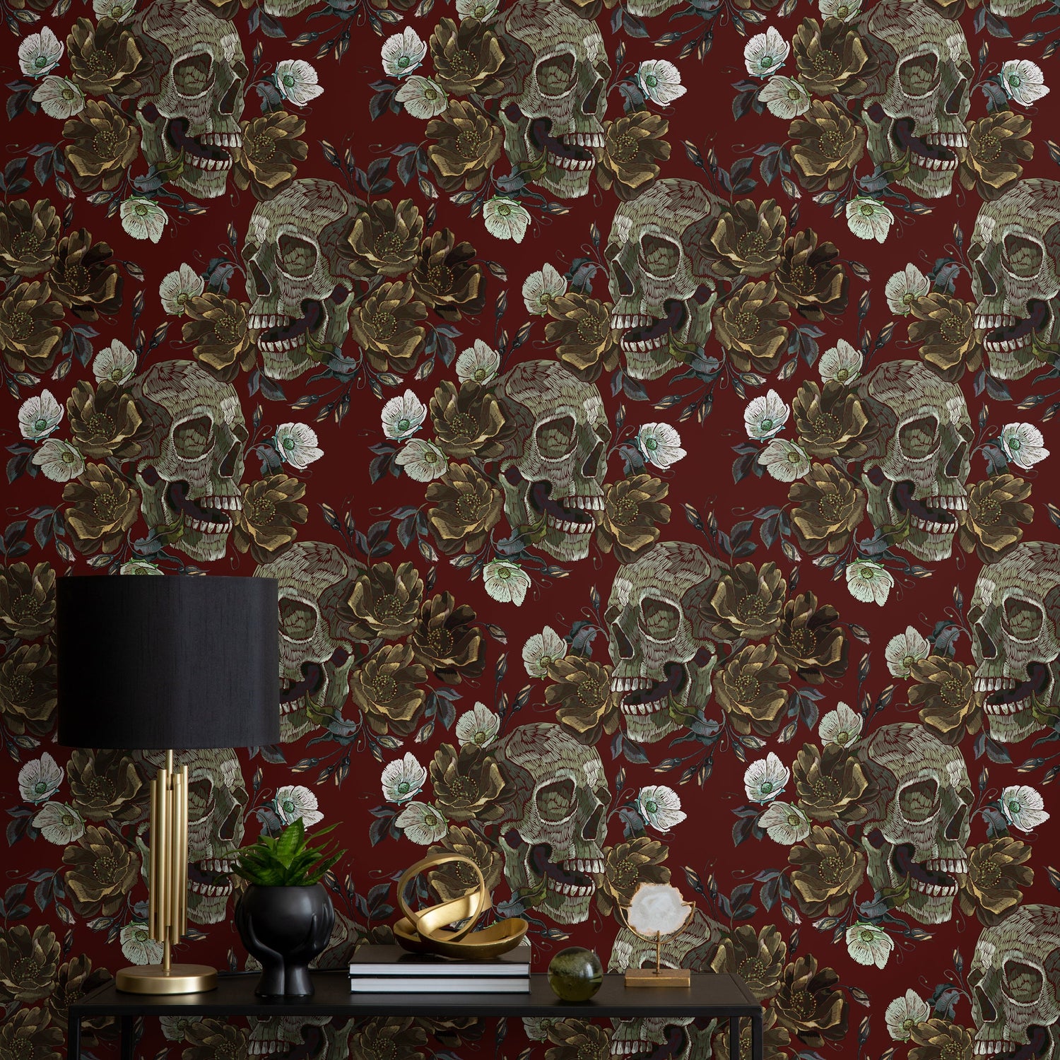 Vintage Roses Wallpaper Skulls Wallpaper Peel and Stick and Traditional Wallpaper - D909