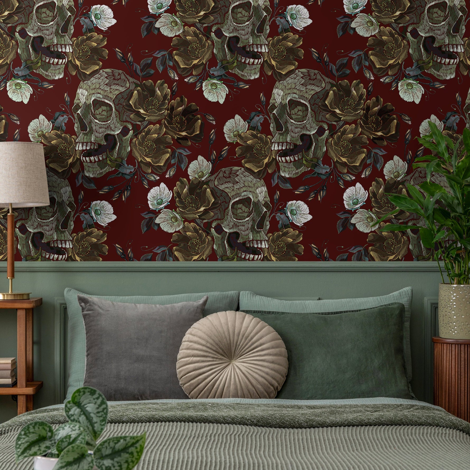 Vintage Roses Wallpaper Skulls Wallpaper Peel and Stick and Traditional Wallpaper - D909