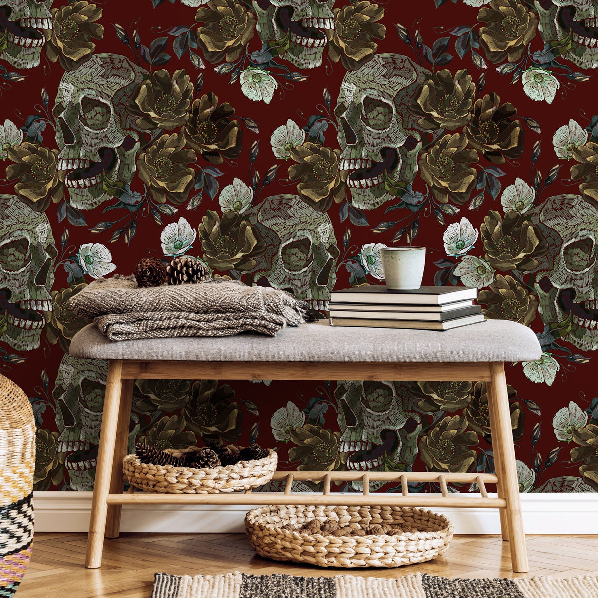 Vintage Roses Wallpaper Skulls Wallpaper Peel and Stick and Traditional Wallpaper - D909