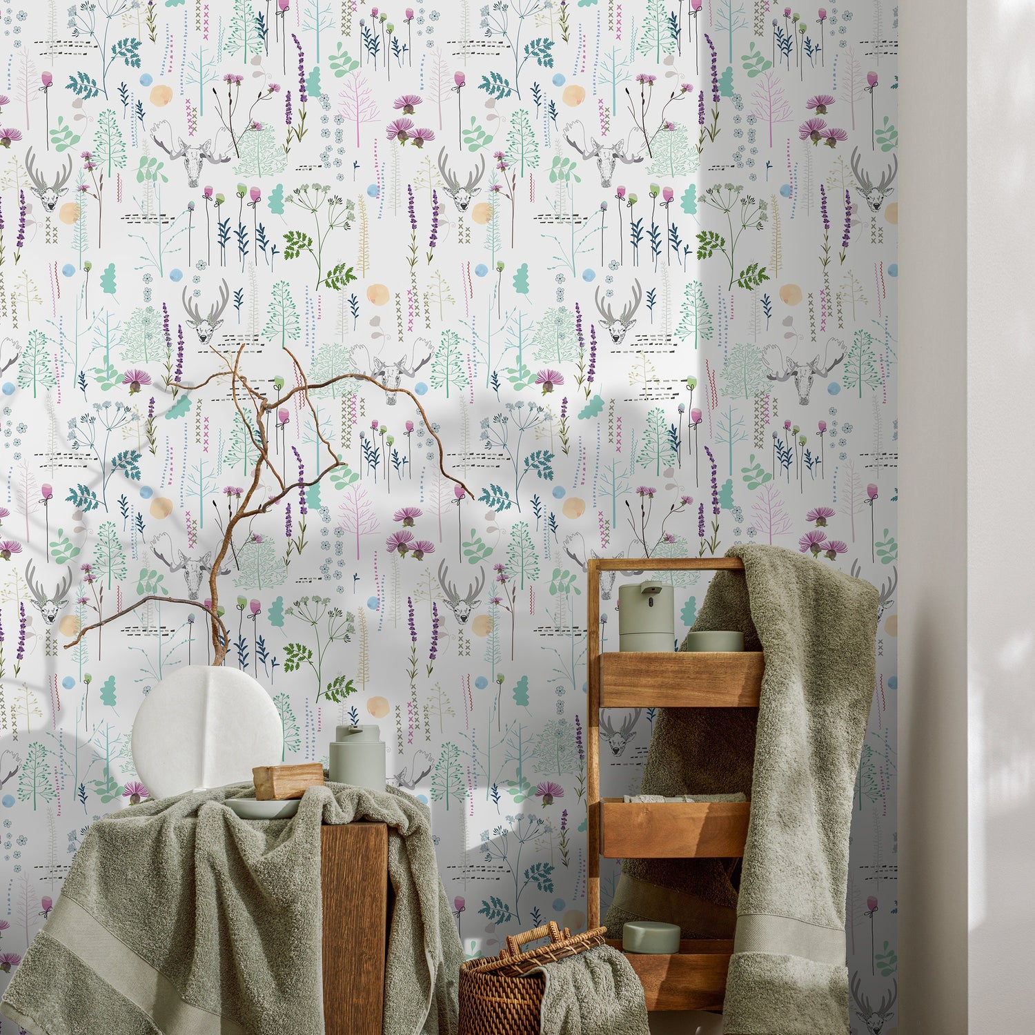 Wallpaper Peel and Stick Wallpaper Removable Wallpaper Home Decor Wall Art Wall Decor Room Decor / Deer Floral Wallpaper - A303