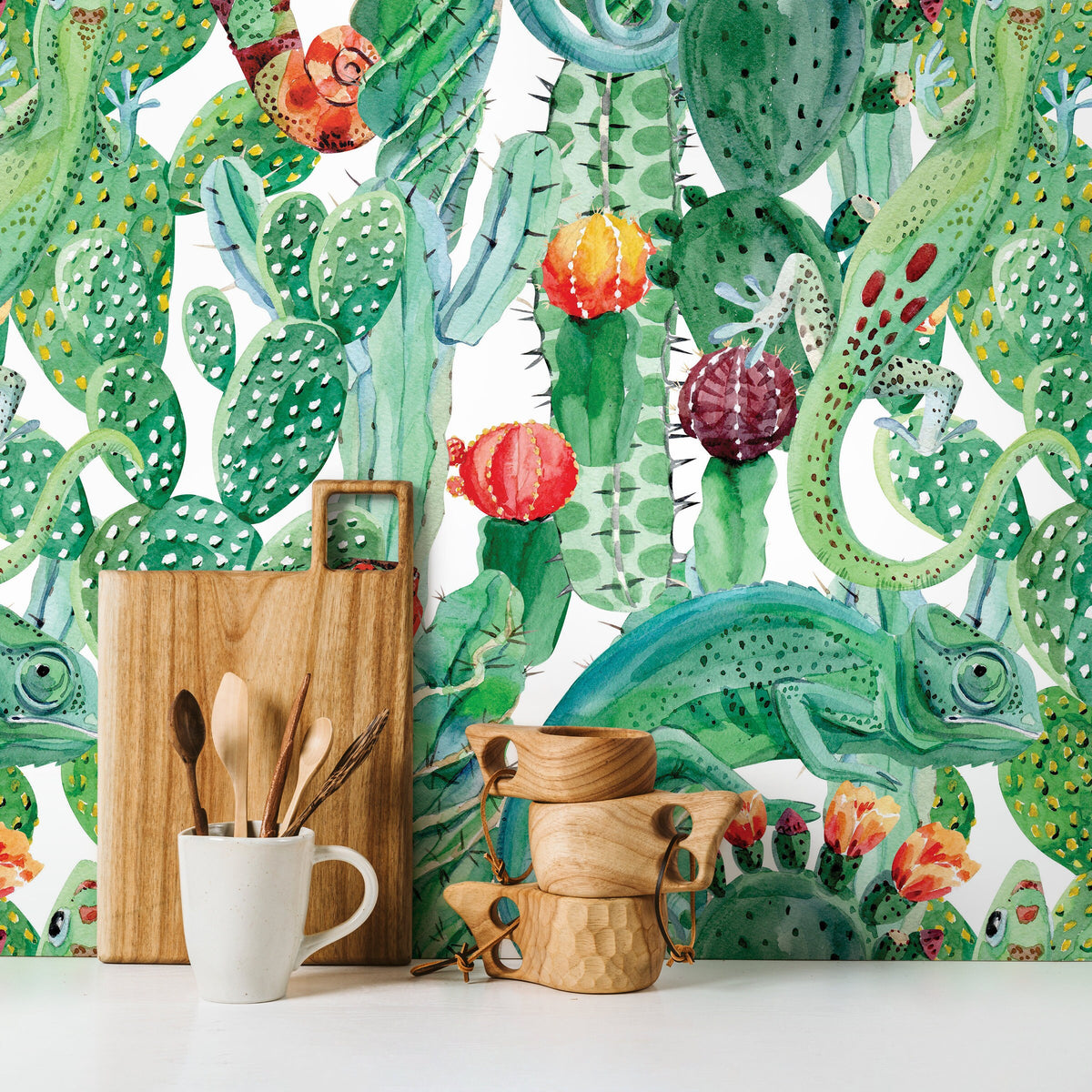 Wallpaper Peel and Stick Wallpaper Removable Wallpaper Home Decor Wall Art Wall Decor Room Decor/ Tropical Chameleons Cactus Wallpaper -A315