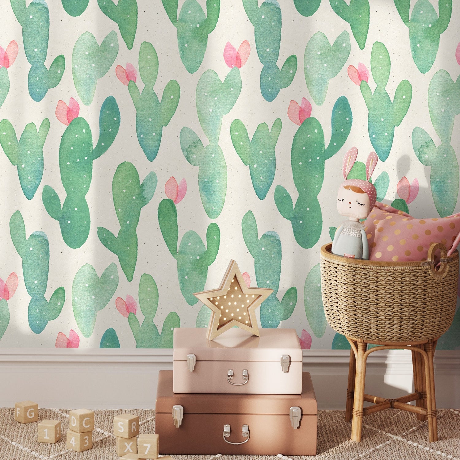 Self-adhesive Removable Wallpaper, Cactus Wallpaper, Peel and Stick Fabric Wallpaper, Custom Design Wall Mural, Wallpaper Opuntia - A318