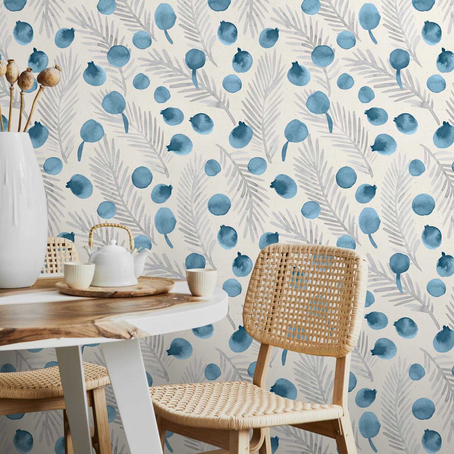 Wallpaper Peel and Stick Wallpaper Removable Wallpaper Home Decor Wall Art Wall Decor Room Decor / Blue Botanical Leaves Wallpaper - A320