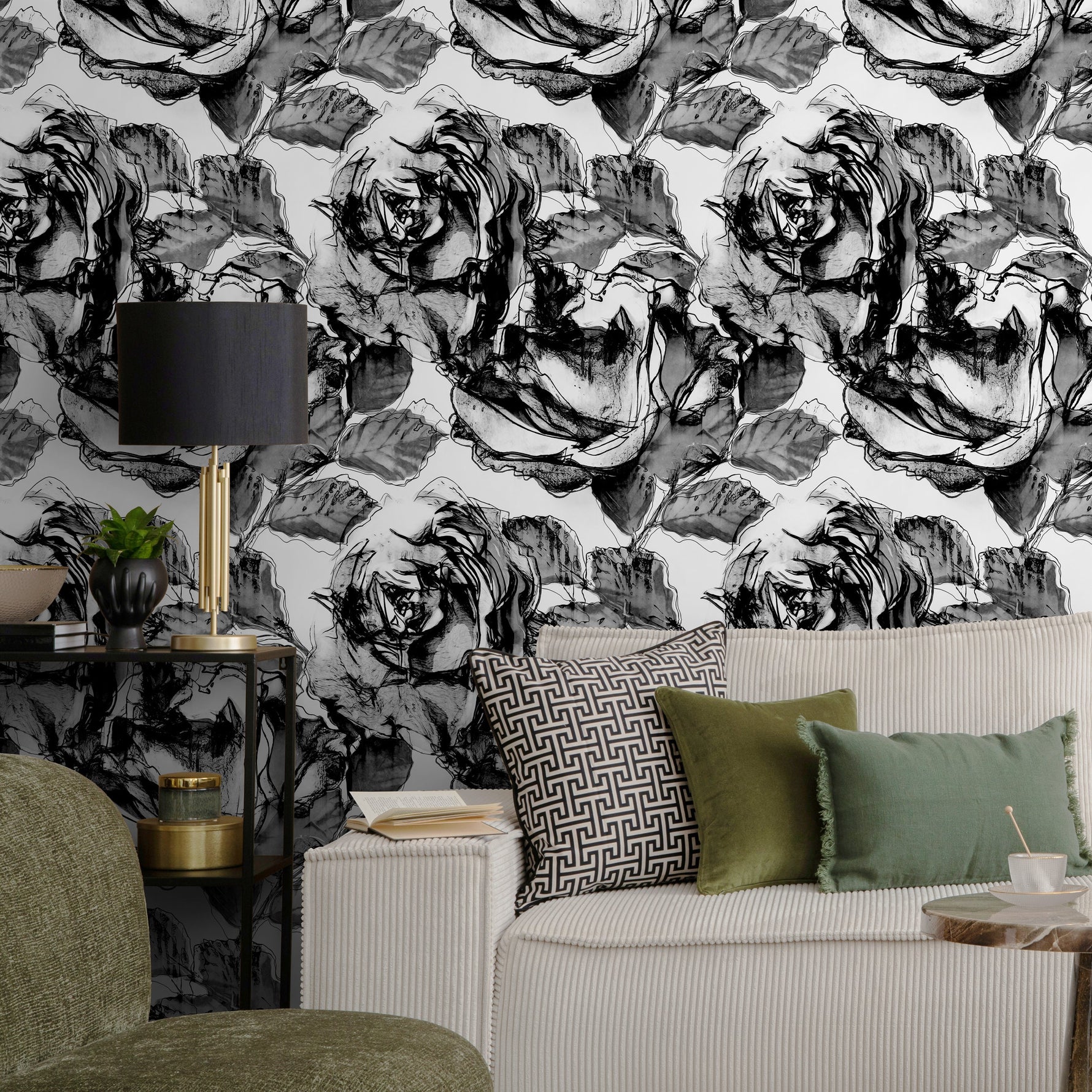 Wallpaper Peel and Stick Wallpaper Removable Wallpaper Home Decor Wall Art Wall Decor Room Decor / Black and White Floral Wallpaper - A403